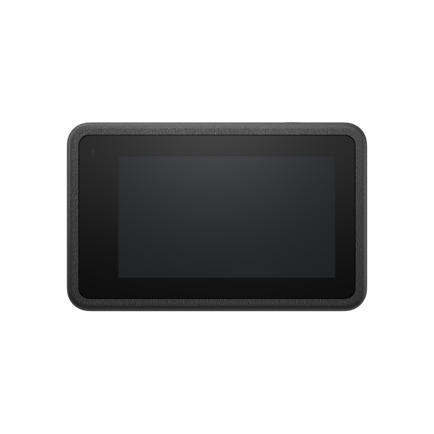 Eine schwarze Action-Kamera mit schwarzem Bildschirm. Die Kamera ist rechteckig, mit schwarzem Hintergrund.