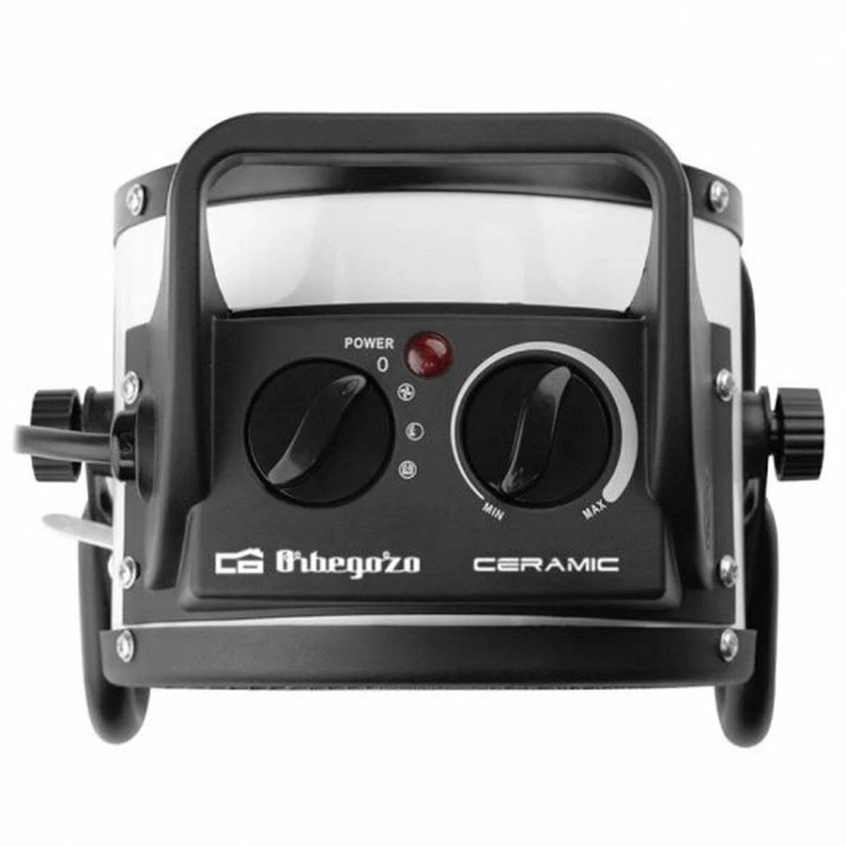 Biało-czarny grzejnik ceramiczny. Ma dwa pokrętła, przyciski i uchwyt na górze.