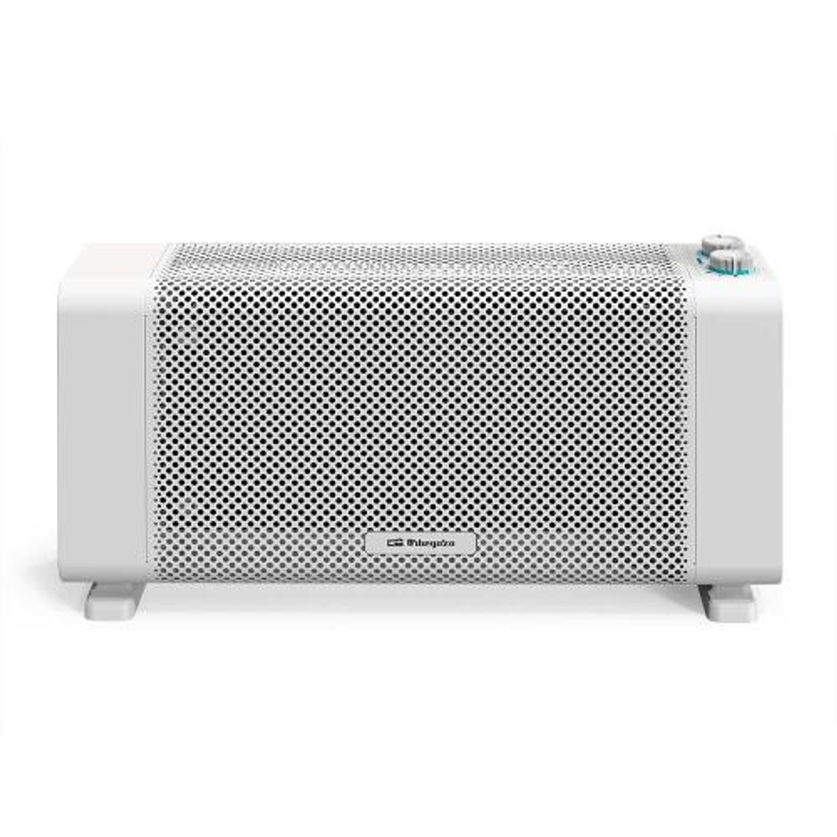 Biały oczyszczacz powietrza z czarnym przednim panelem z siatki. Ma dwa pokrętła i logo.