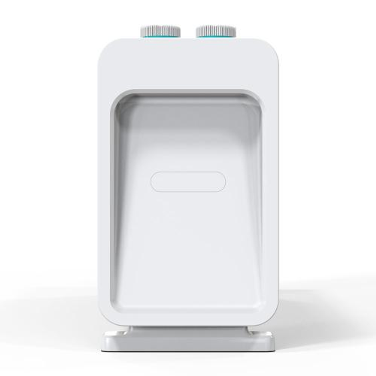 Białe prostokątne urządzenie z dwoma niebieskimi pokrętłami na górze, długie owalne wcięcie.