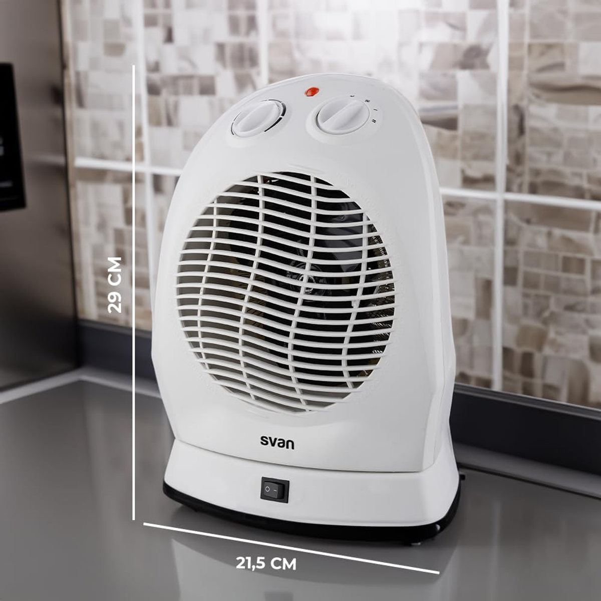 Calentador eléctrico blanco, con dos perillas y un botón de encendido.