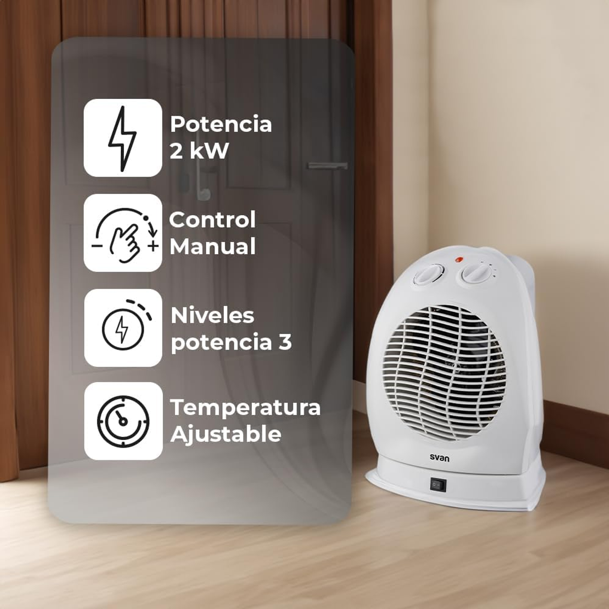 Un calefactor eléctrico blanco con panel de control. El texto muestra potencia, control, niveles y temp.