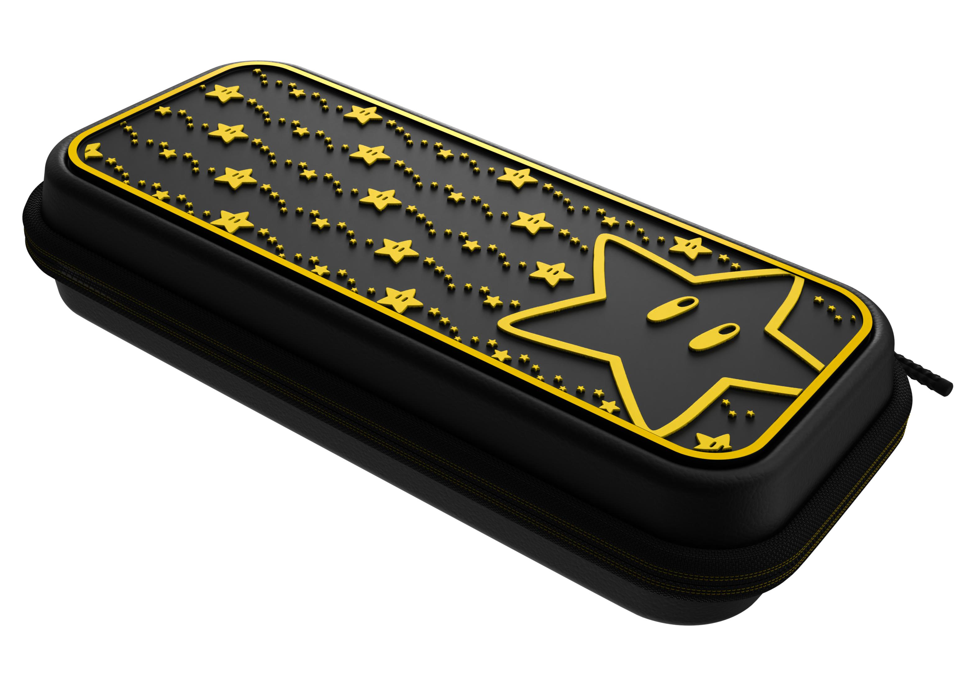 Ein schwarzes Etui mit Sterndesign. Es hat einen Reißverschluss und einen goldenen Stern auf der Vorderseite.