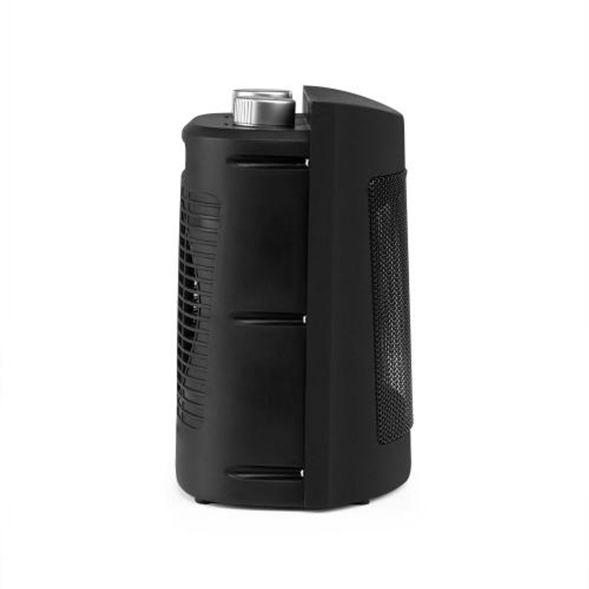 Czarny grzejnik wieżowy, cylindryczny kształt z siatkowym bokiem i górą, białe tło.