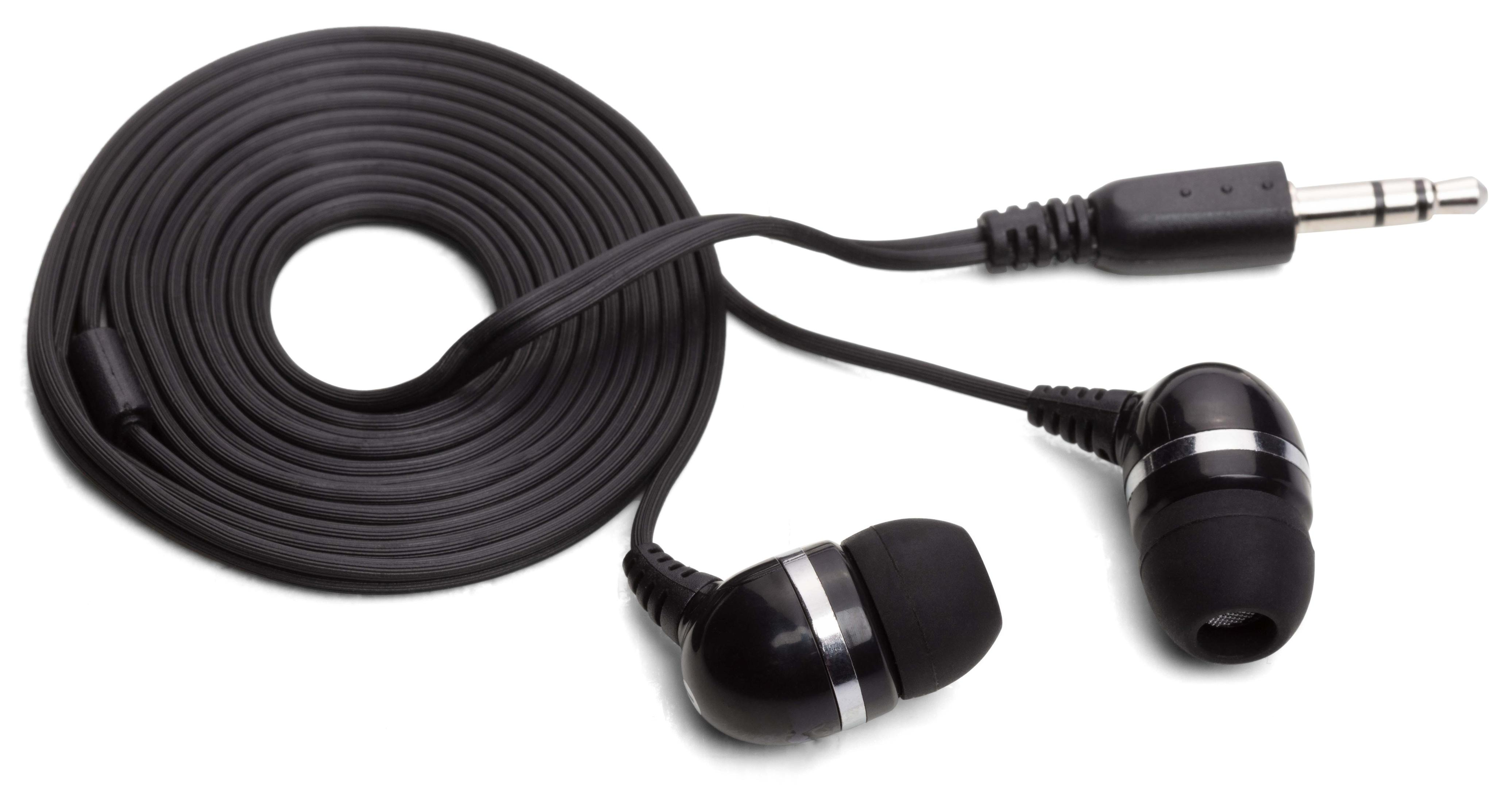 Auricolari neri con un cavo nero. Il cavo è arrotolato. Lo sfondo è bianco.