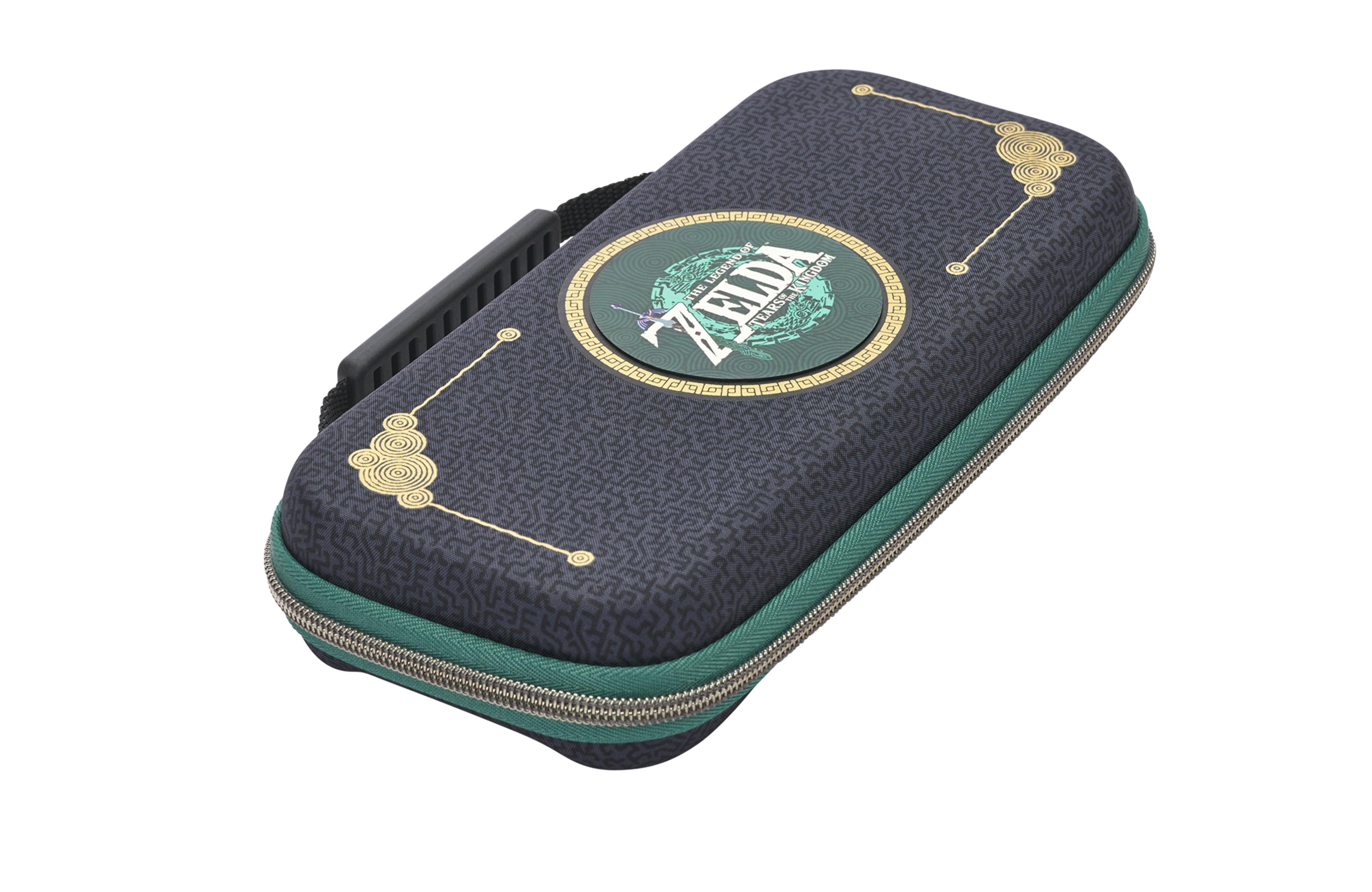 Funda Zelda Switch con logo y diseño de Zelda sobre superficie verde oscuro y negro.
