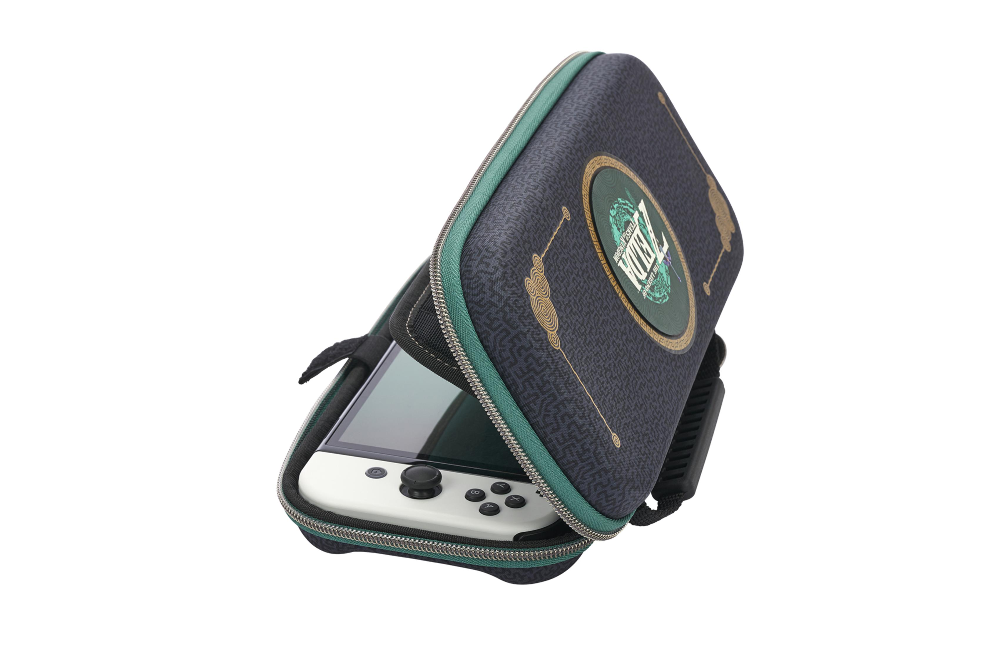 Funda temática Zelda para Nintendo Switch. La funda es verde y negra, con cremallera.