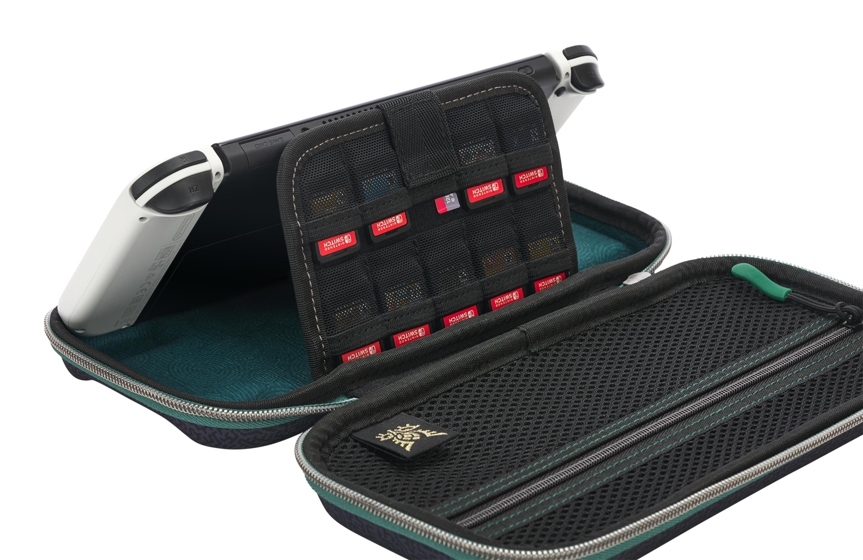 Estuche Nintendo Switch abierto con consola y cartuchos de juego.