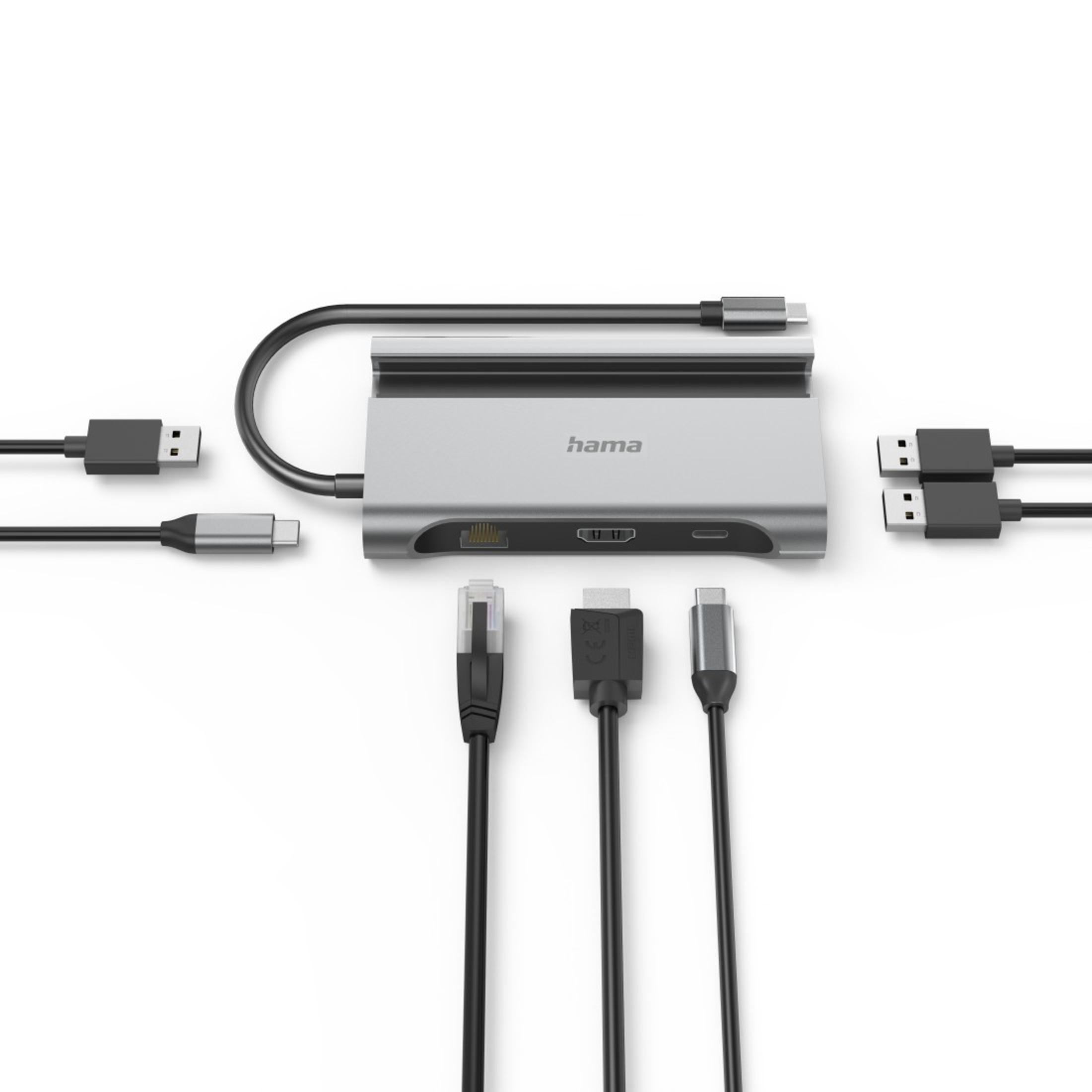 Ein Hama USB-C Multiport-Adapter mit verschiedenen angeschlossenen Kabeln.