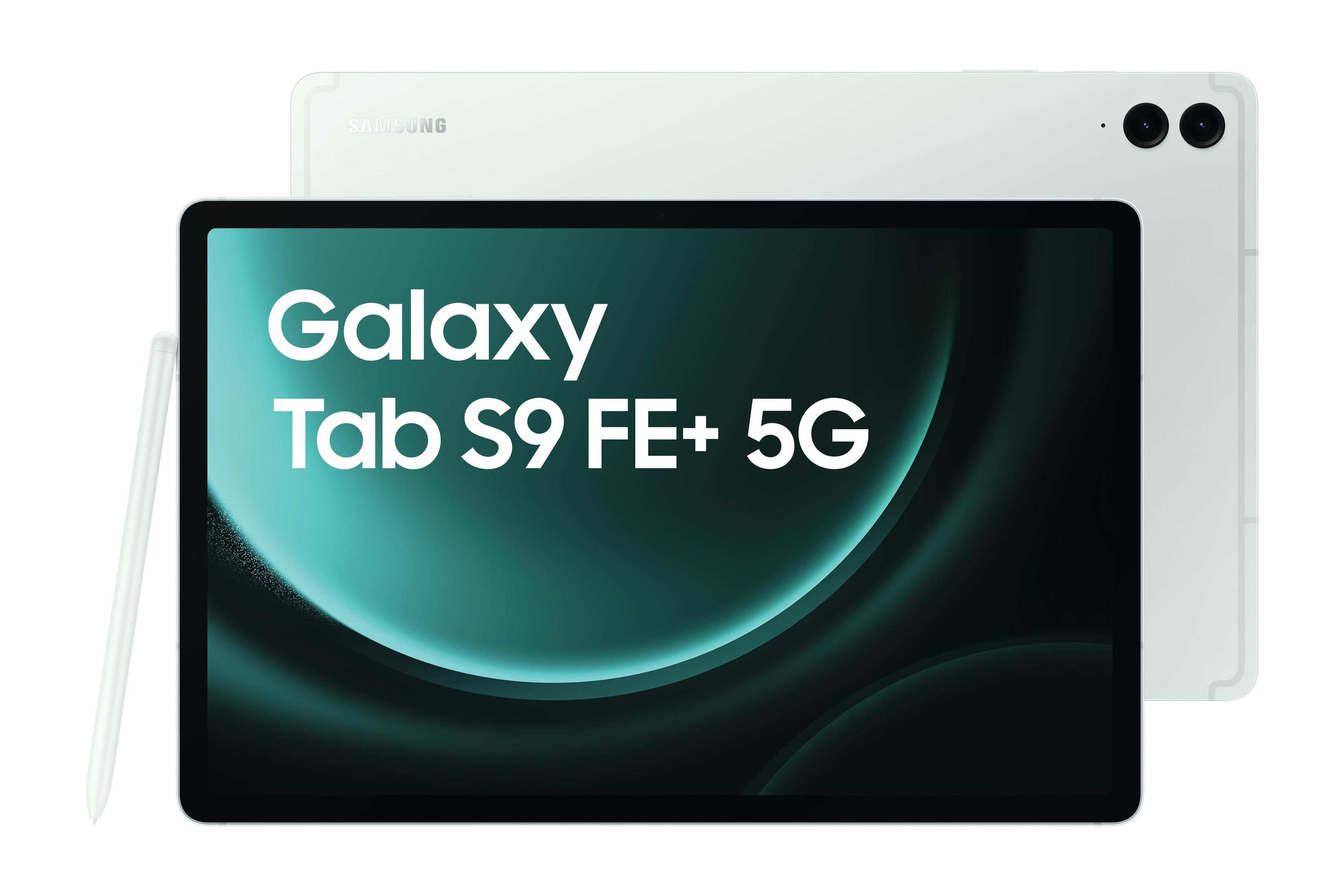 Biały Samsung Galaxy Tab S9 FE+ 5G z rysikiem, pokazujący ekran i drugi tablet z tyłu.