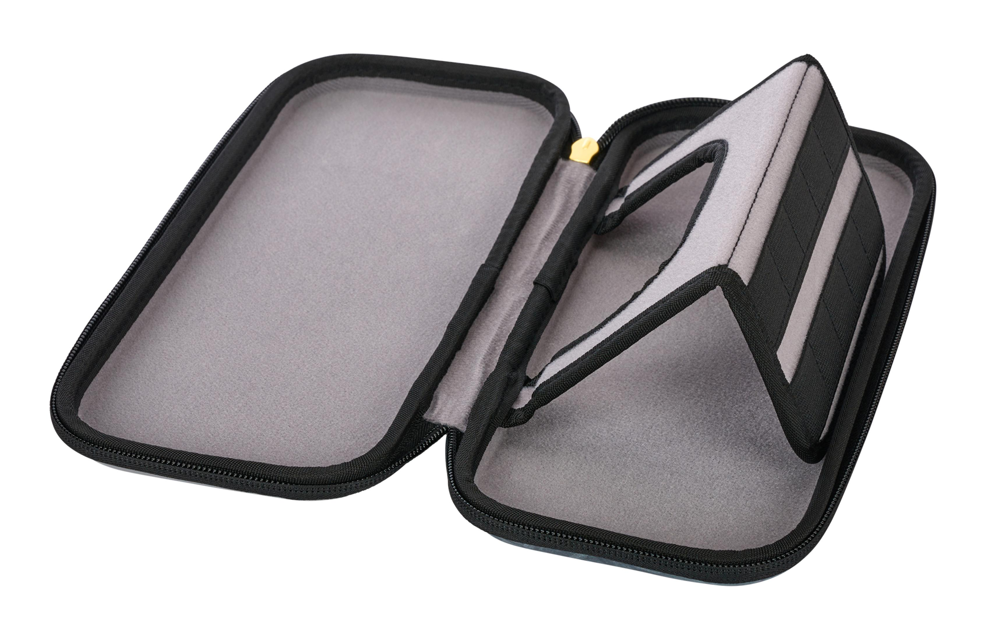 Funda negra abierta con interior gris. Un soporte sujeta una Switch. Cremallera visible.