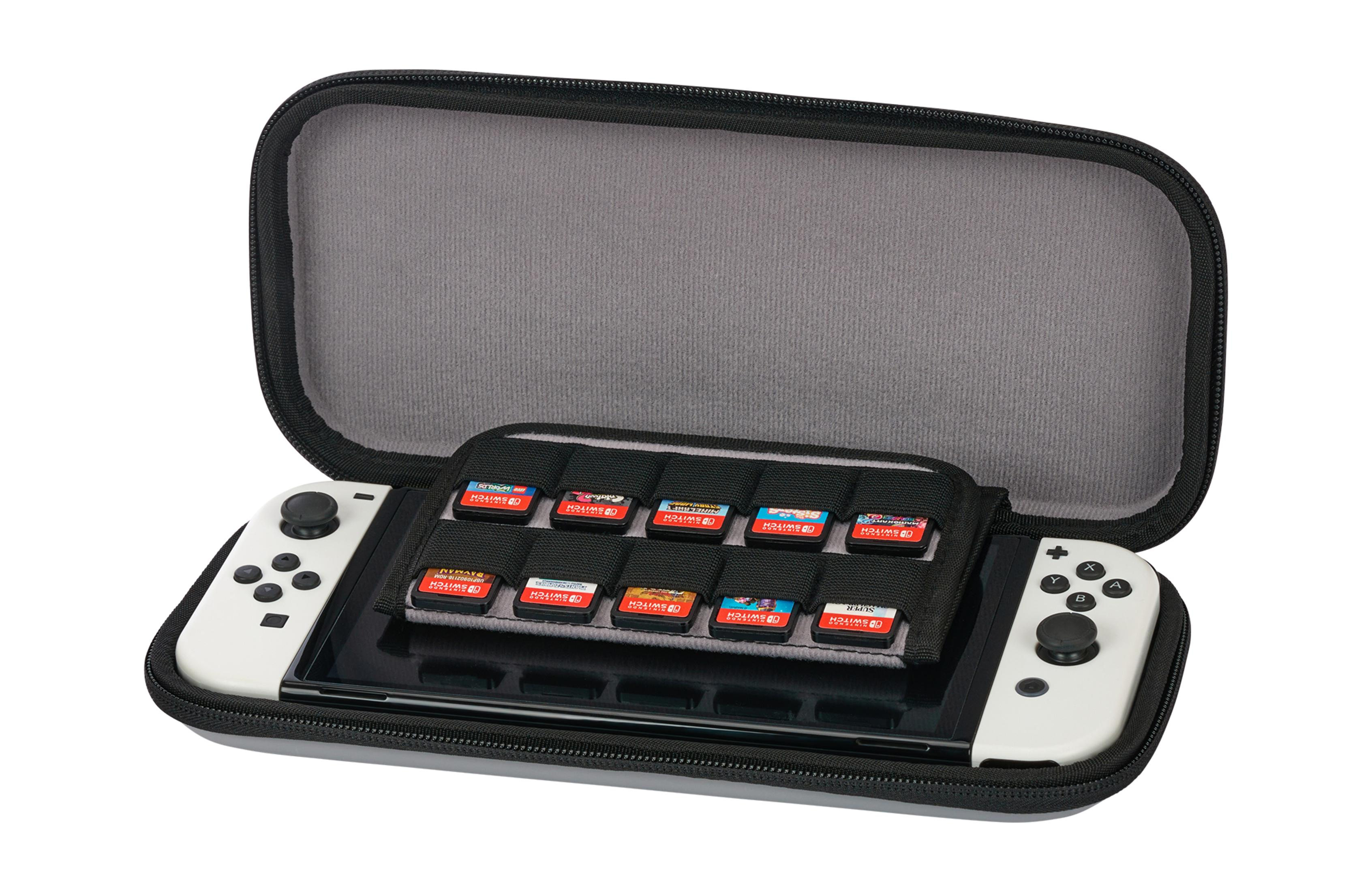 Una consola Nintendo Switch con dos joy-cons blancos dentro de un estuche gris. Los cartuchos de juego están en el estuche.