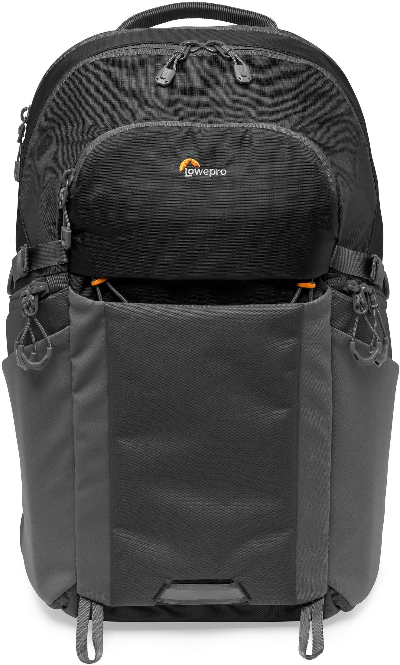 Schwarzer und grauer Lowepro Kamera-Rucksack mit mehreren Fächern und Außentaschen.