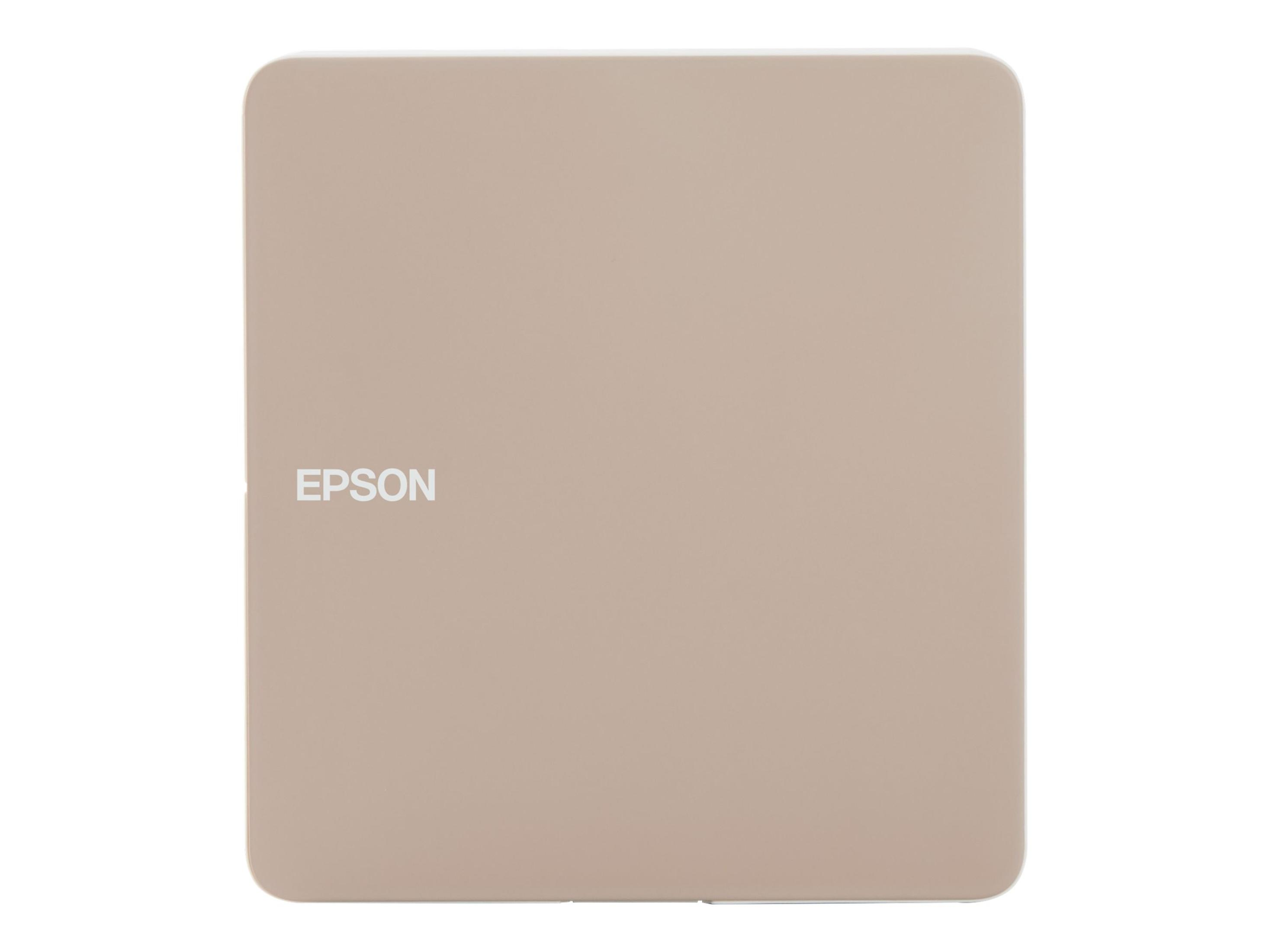 Beigefarbenes, quadratisches Epson-Gerät auf weißem Hintergrund. Epson-Logo unten.