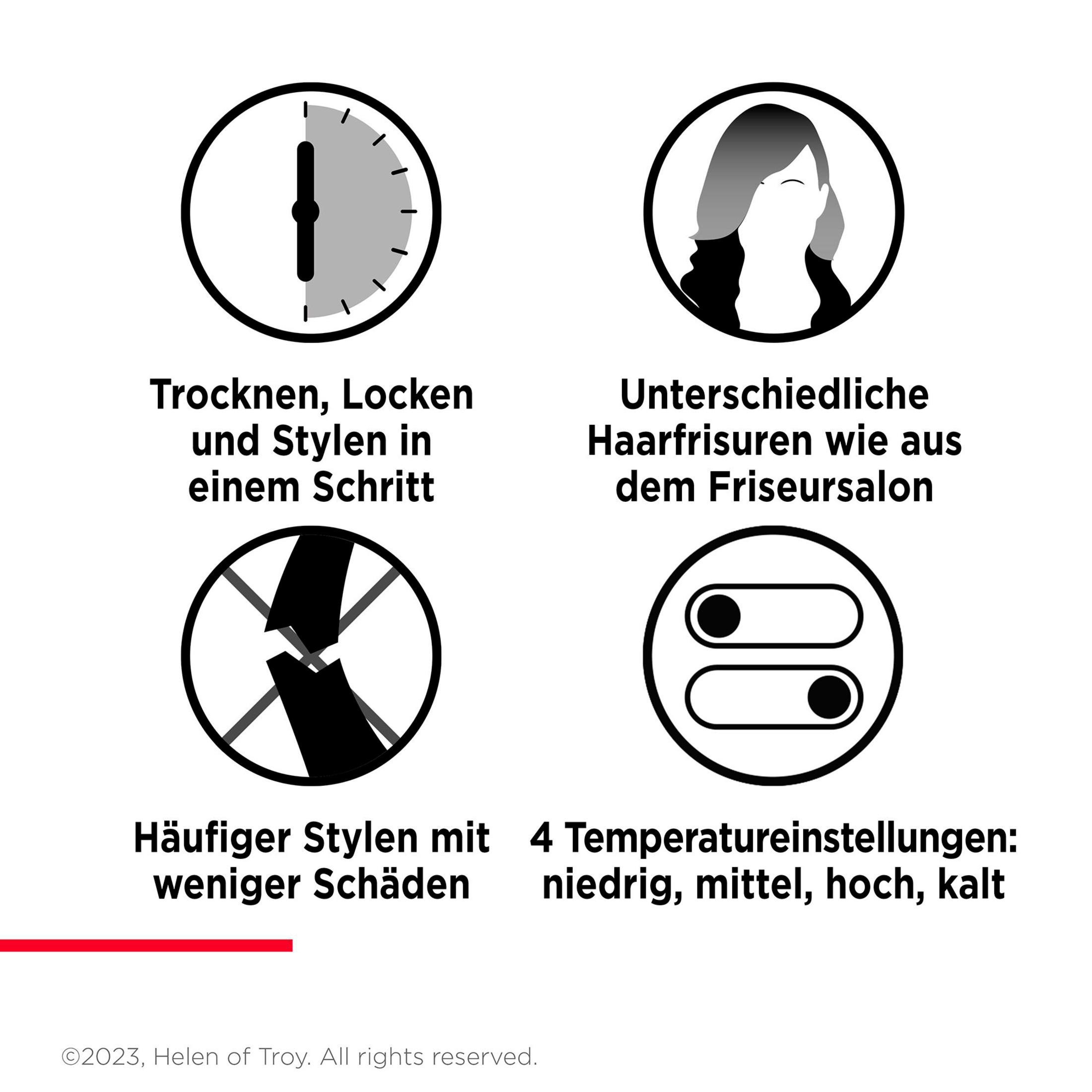 Ikony opisujące stylizację włosów i ustawienia temperatury, z tekstem w języku niemieckim.