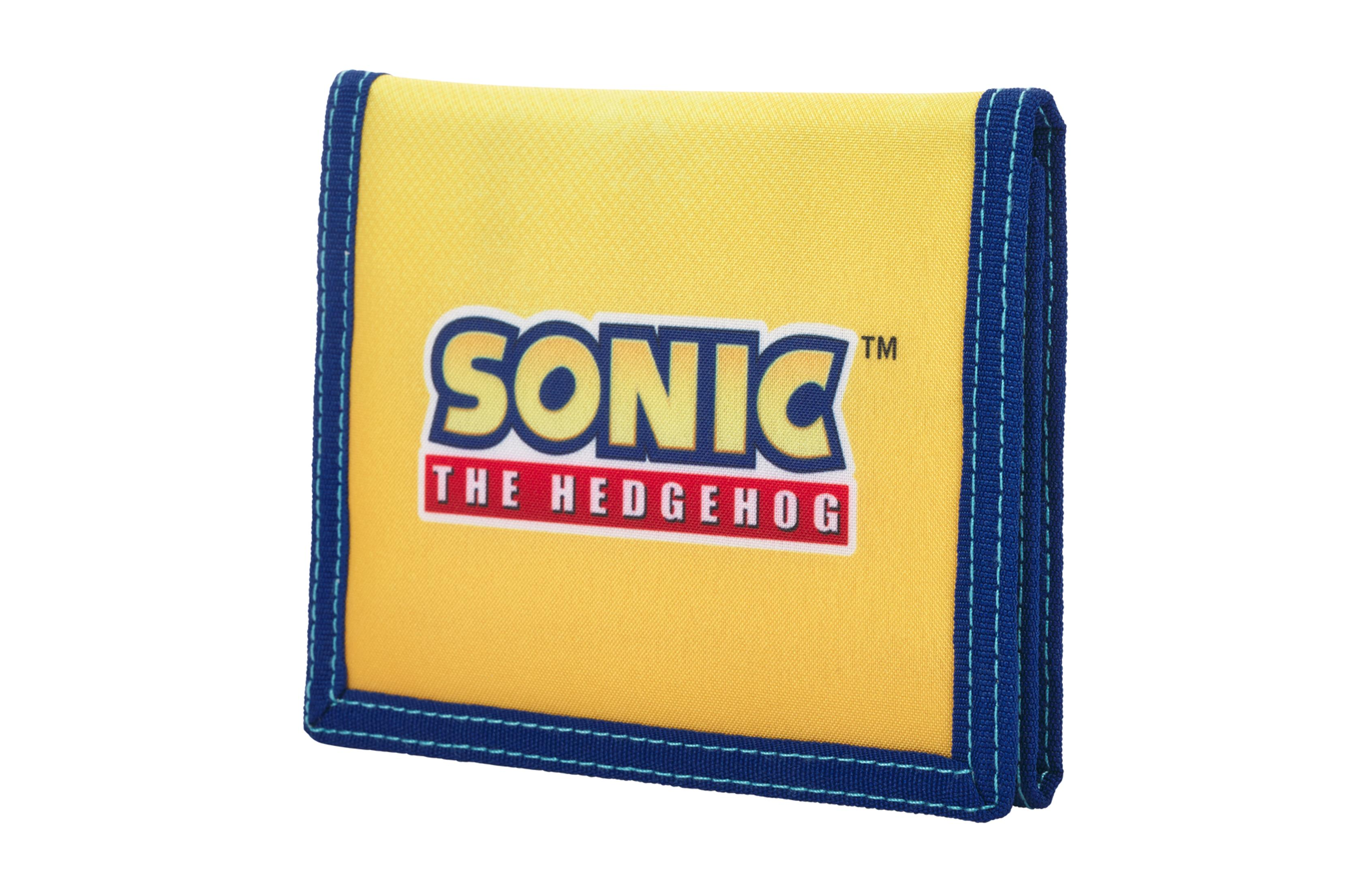 Cartera amarilla de Sonic con borde azul y logotipo.