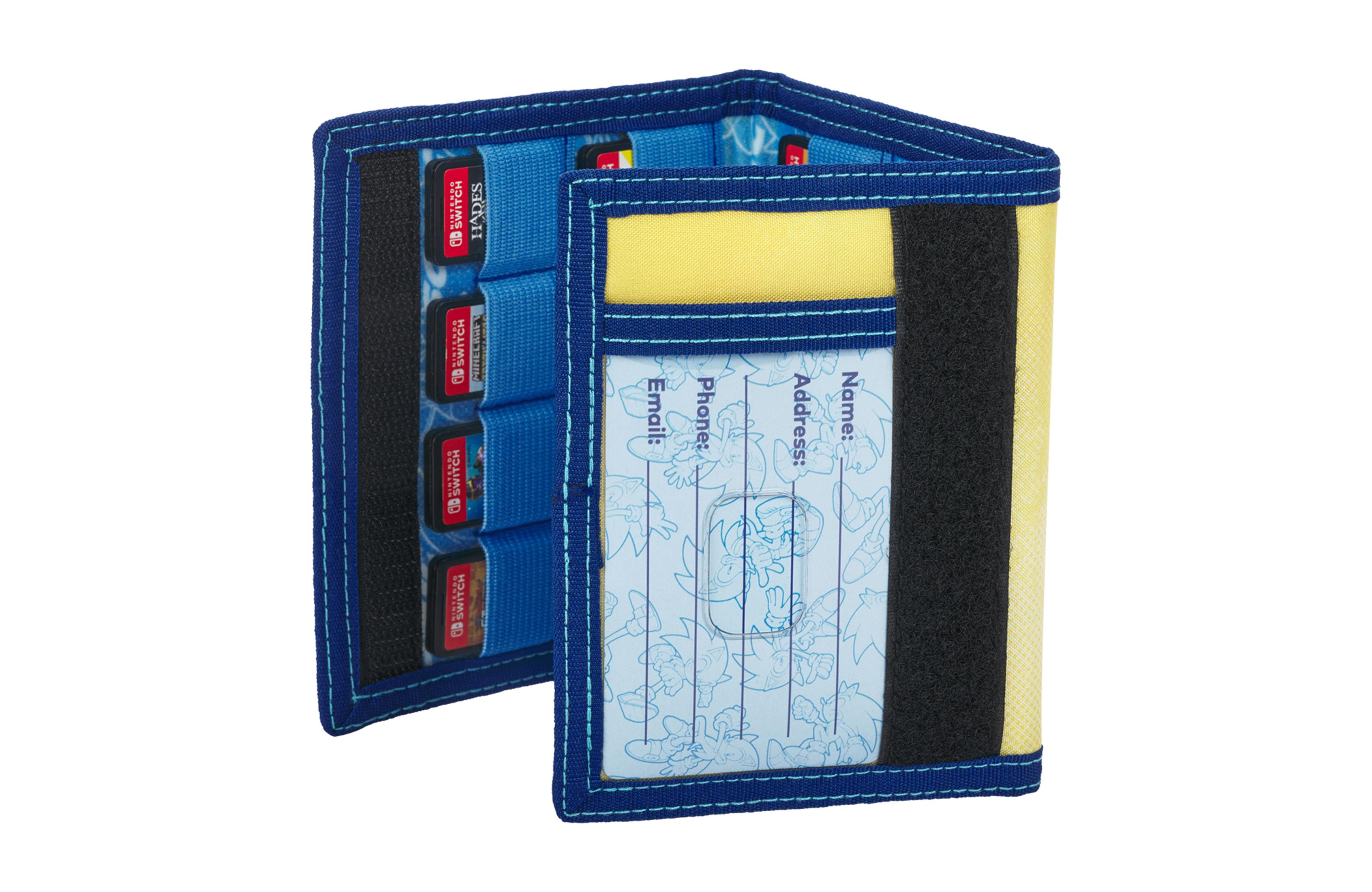 Cartera azul y amarilla abierta con múltiples ranuras para tarjetas y una ventana de identificación transparente.