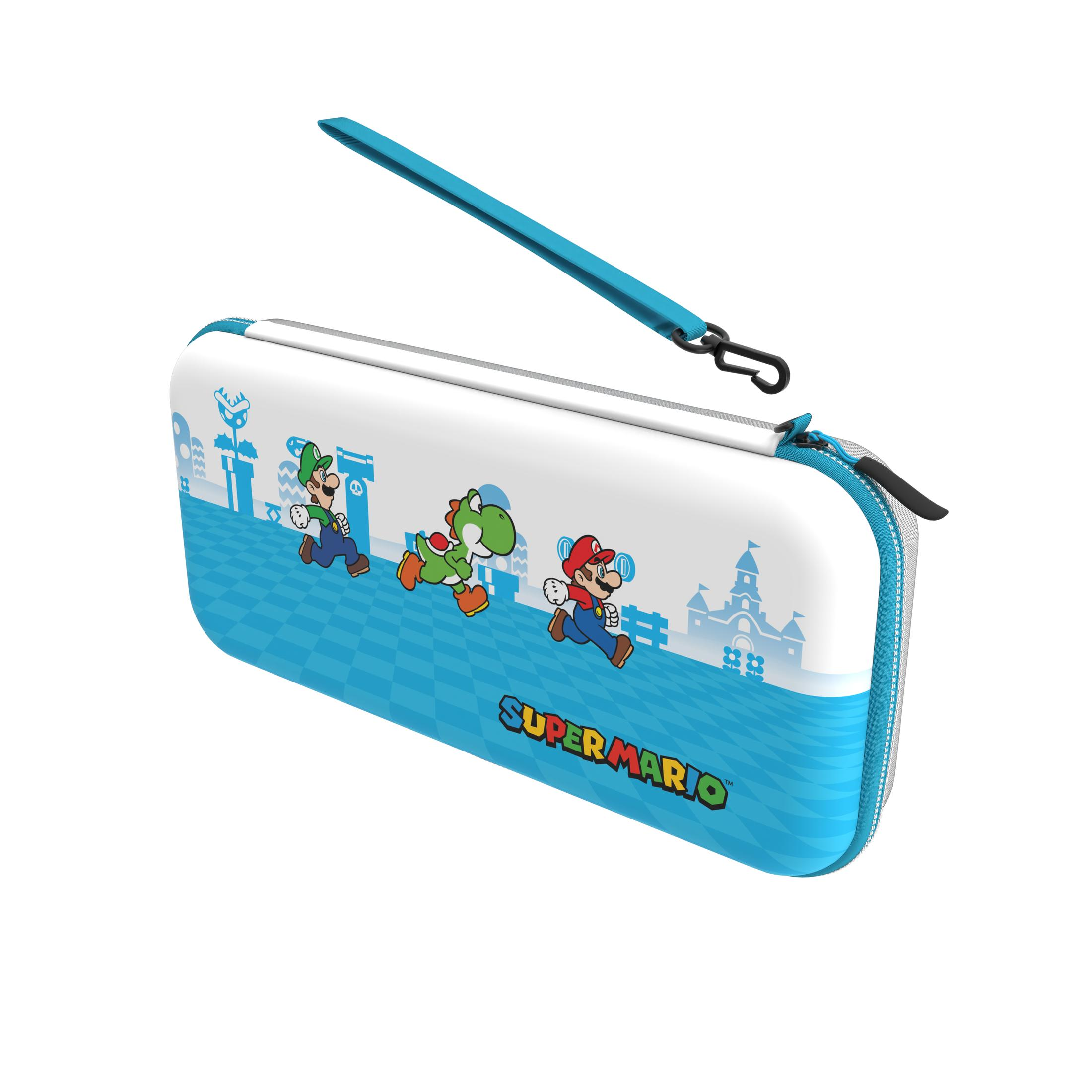 Eine blaue Super Mario Switch-Hülle mit Charakteren und einem blauen Riemen.