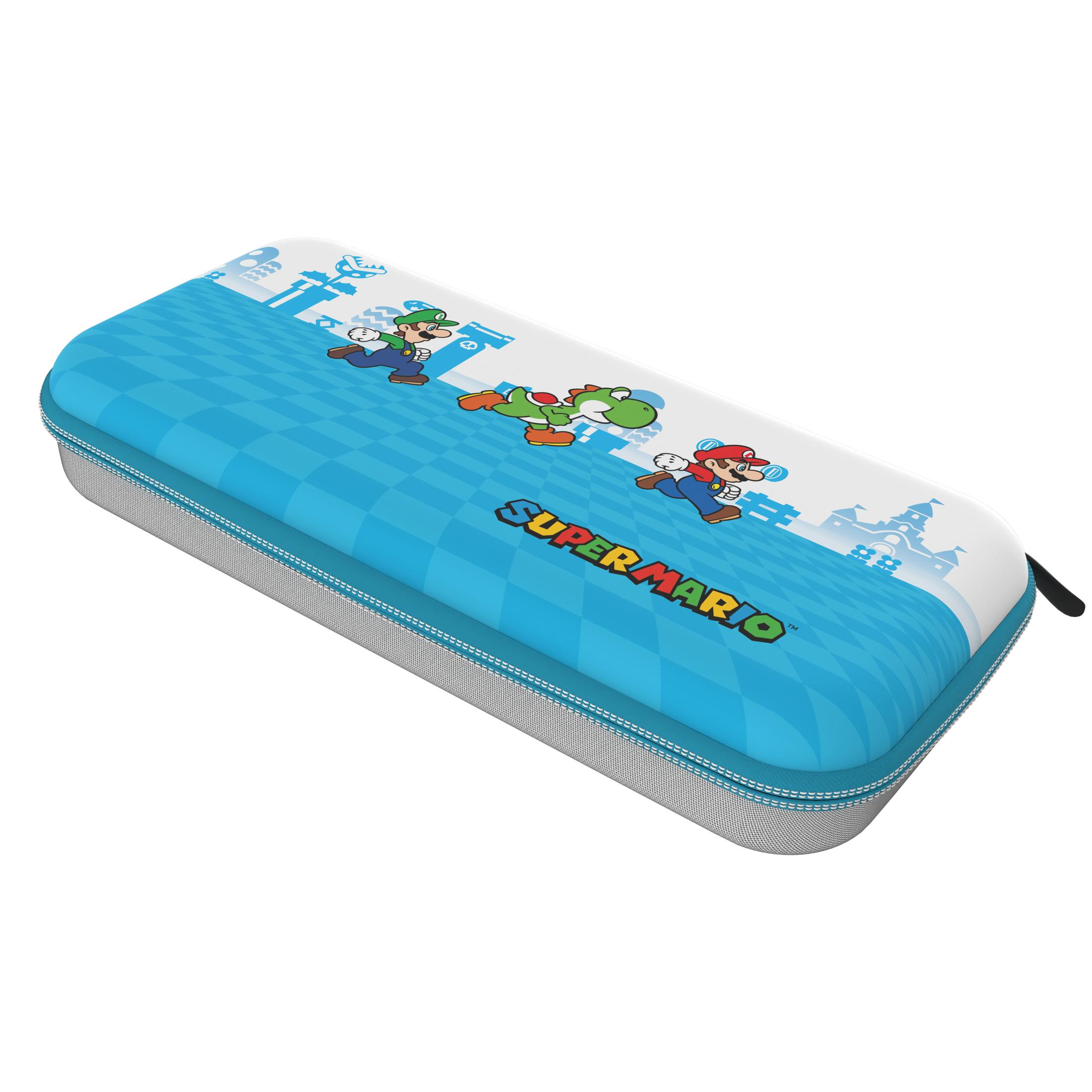 Blaue Super Mario Hülle mit Figuren: Mario, Luigi und Yoshi. Weißer Hintergrund.