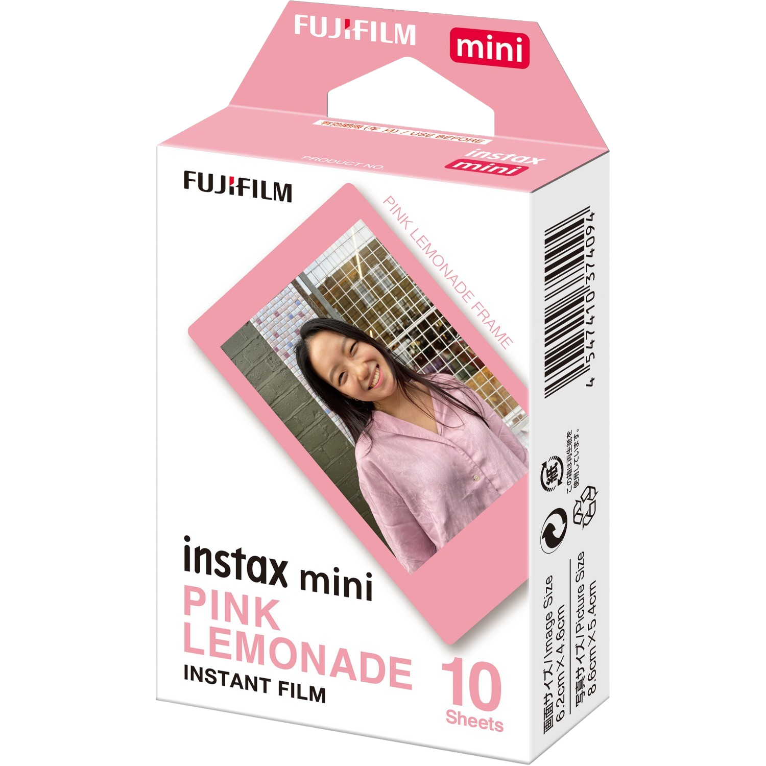 Scatola di pellicola Fujifilm Instax Mini Pink Lemonade, con foto di una ragazza.