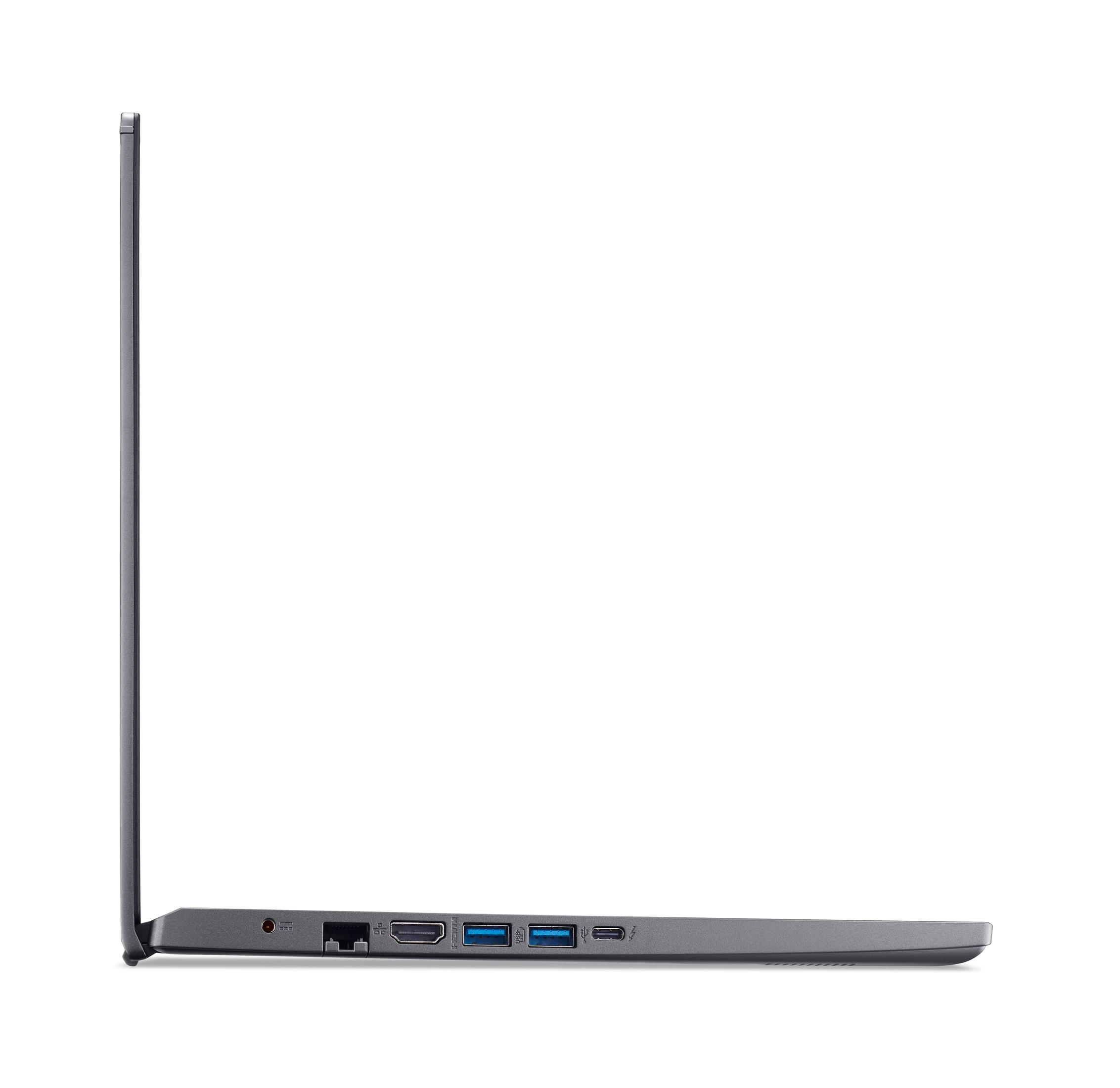 Seitenansicht eines grauen Laptops mit Anschlüssen, einschließlich HDMI und USB.