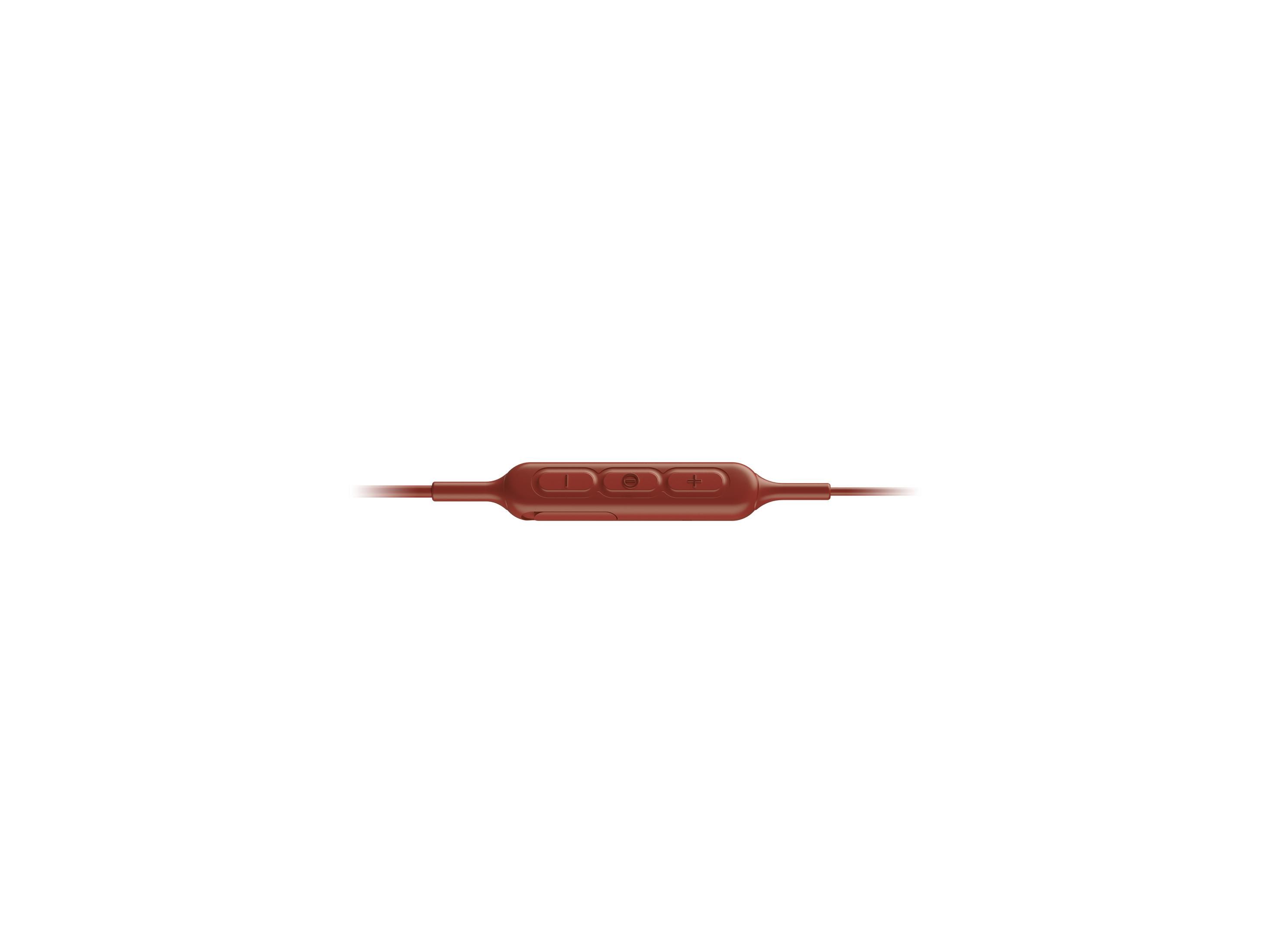 Eine rote Inline-Fernbedienung mit drei Tasten und einem Pluszeichen.