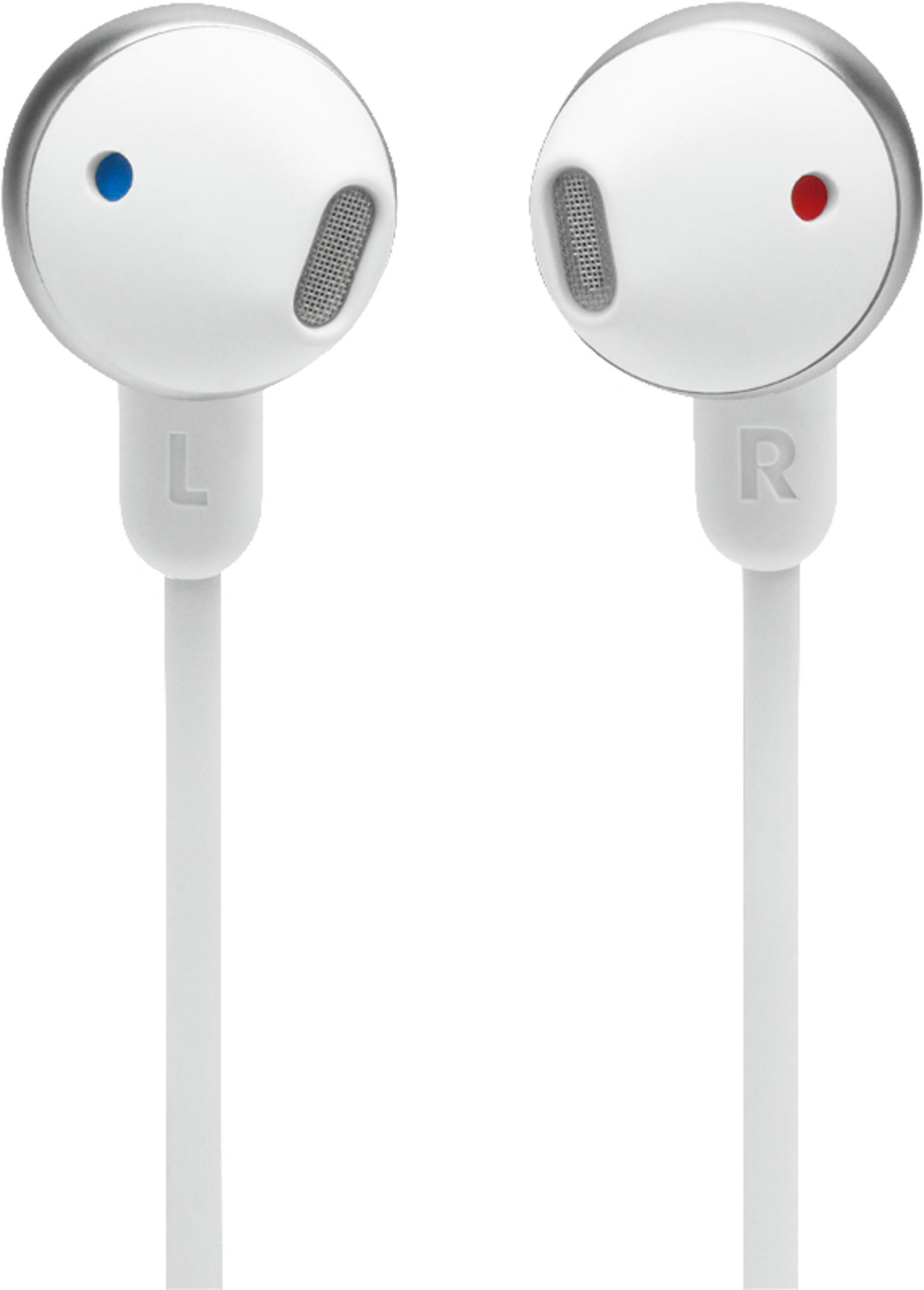Auriculares blancos con puntos azules y rojos, etiquetados L y R.