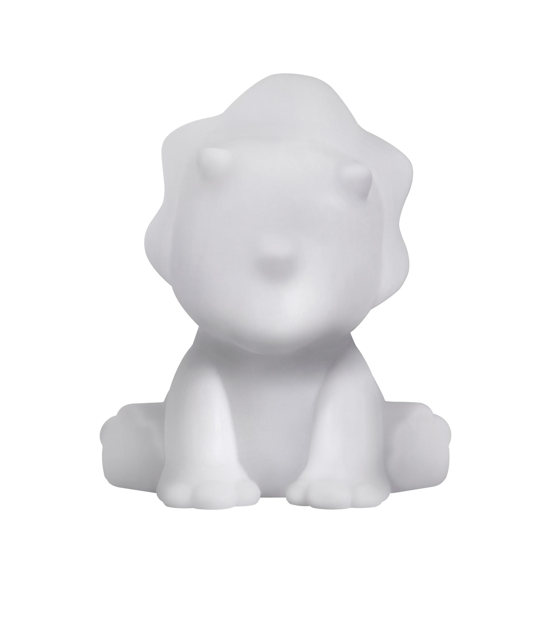 Biała lampka nocna w kształcie dinozaura, skierowana do przodu, o prostym, gładkim designie.