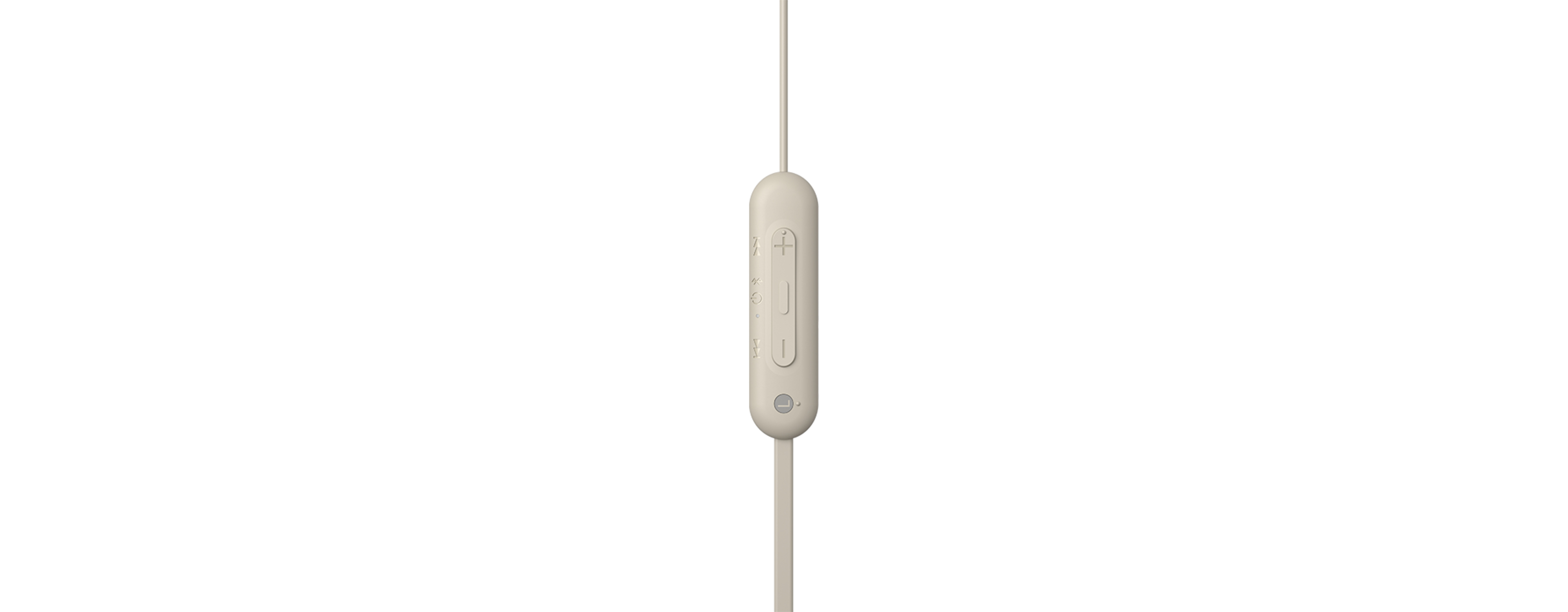 Panel de control beige con un botón y control de volumen. El cable es beige. Fondo blanco.