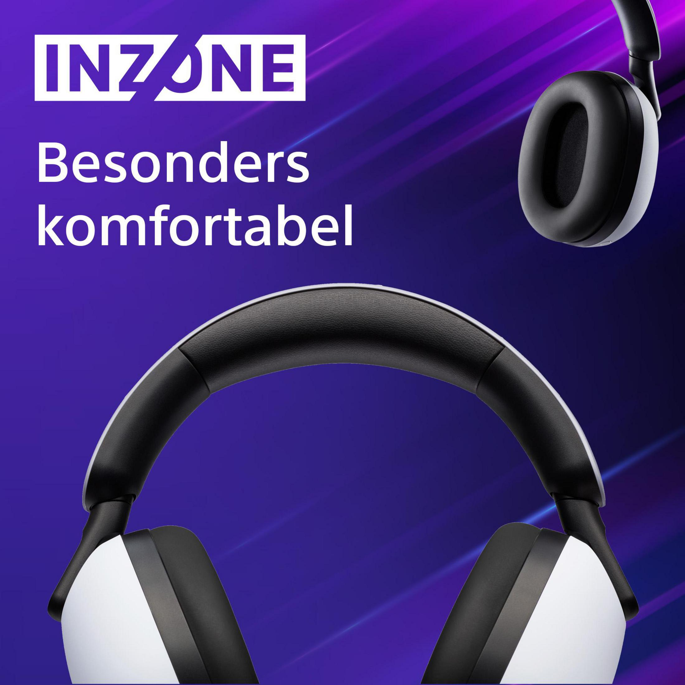 Weiße und schwarze Kopfhörer werden auf blauem Hintergrund mit dem Text: INZONE. Besonders komfortabel angezeigt.