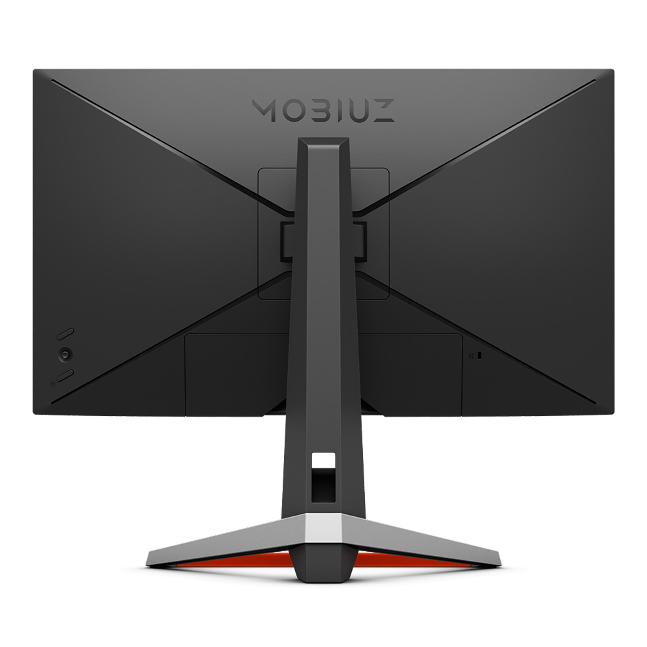 Rückseite eines schwarzen Monitors mit silbernem Ständer. MOBIUZ steht oben.