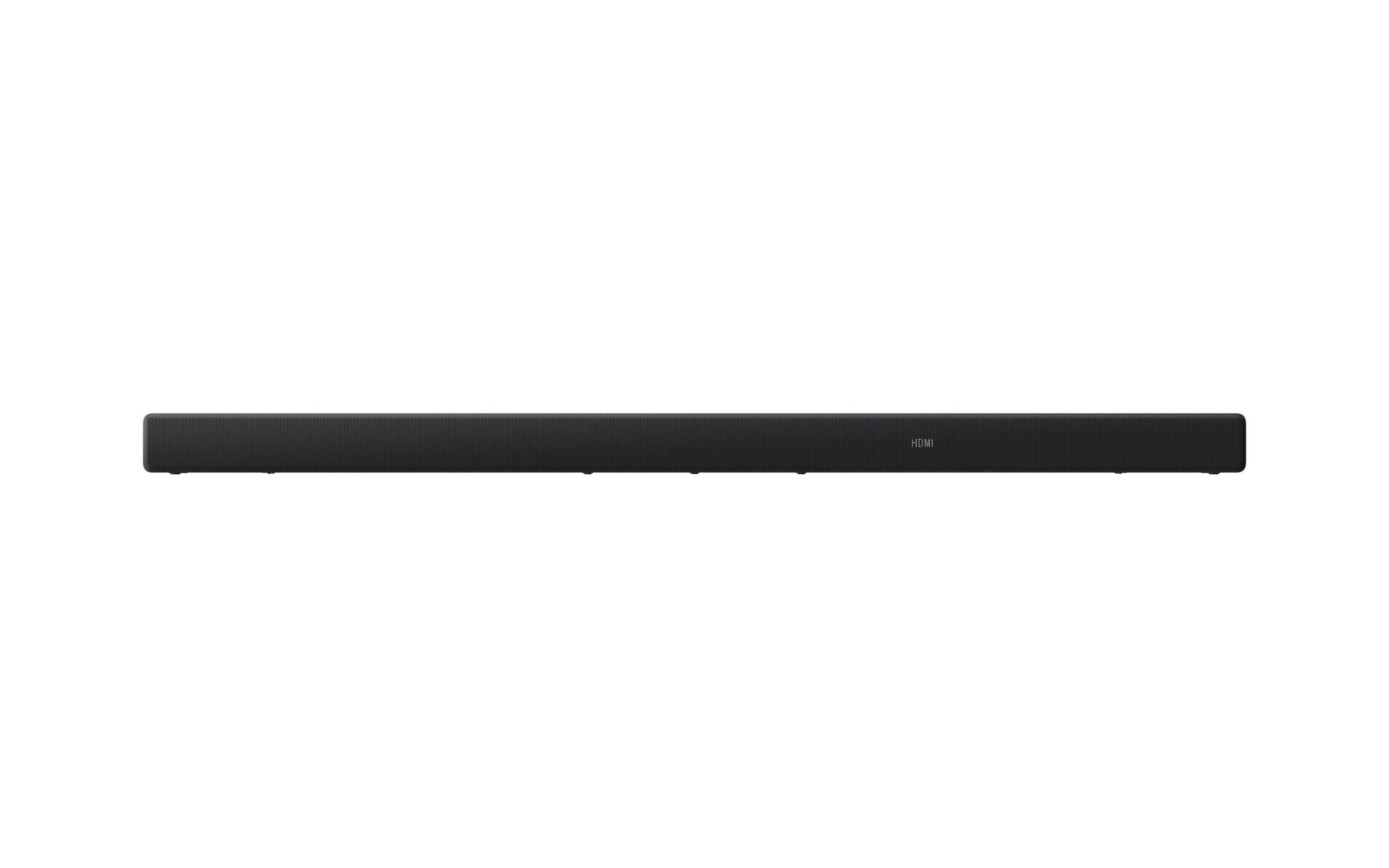 Eine lange, schwarze Soundbar auf weißem Hintergrund. Das Wort HDMI ist auf der Leiste sichtbar.