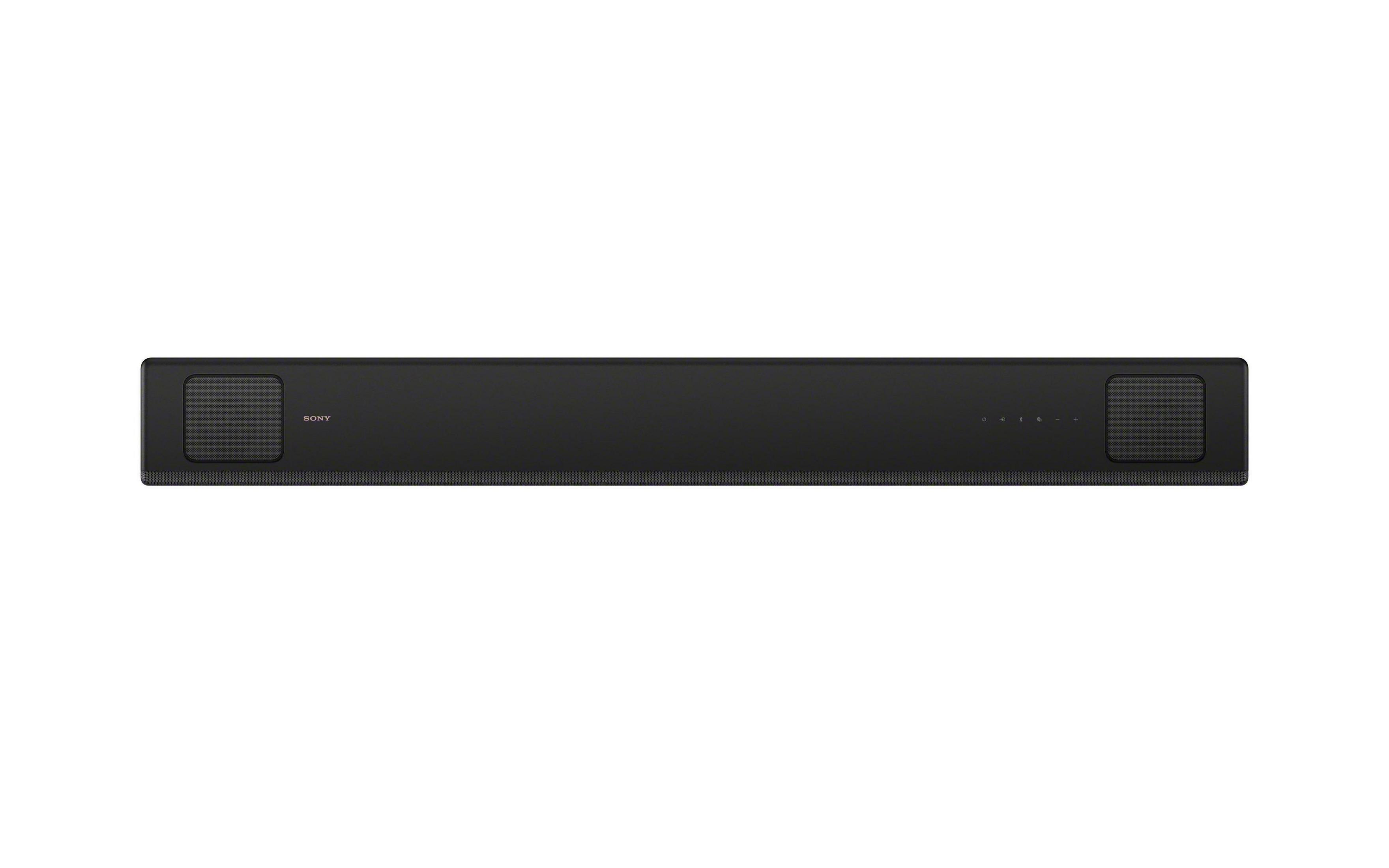 Schwarze Sony Soundbar, rechteckige Form mit Lautsprechern an den Enden.