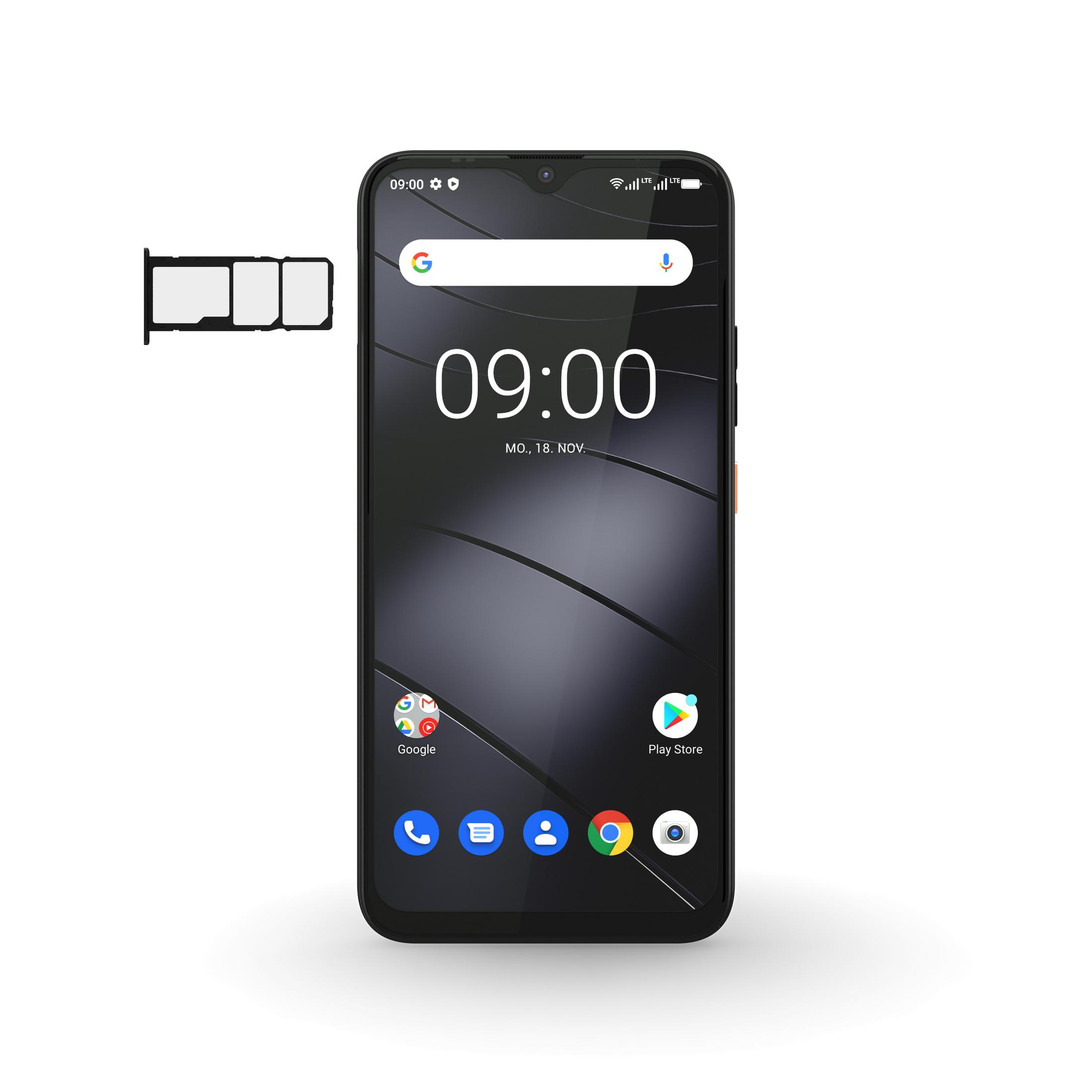 Schwarzes Smartphone mit Zeitanzeige und einem SIM-Karten-Fach.