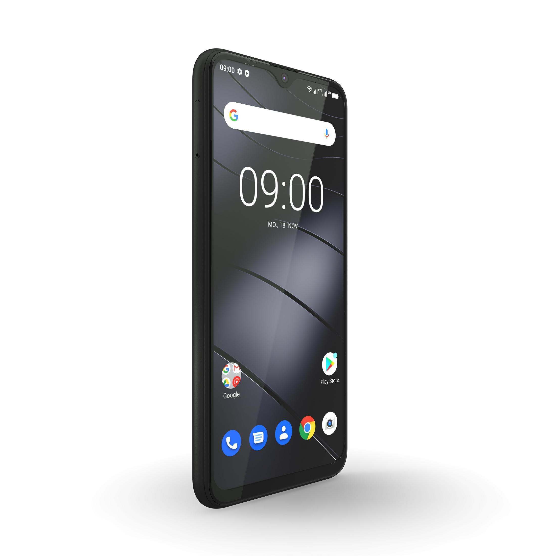 Schwarzes Smartphone leicht angewinkelt, zeigt Uhrzeit und Apps auf dem Bildschirm.