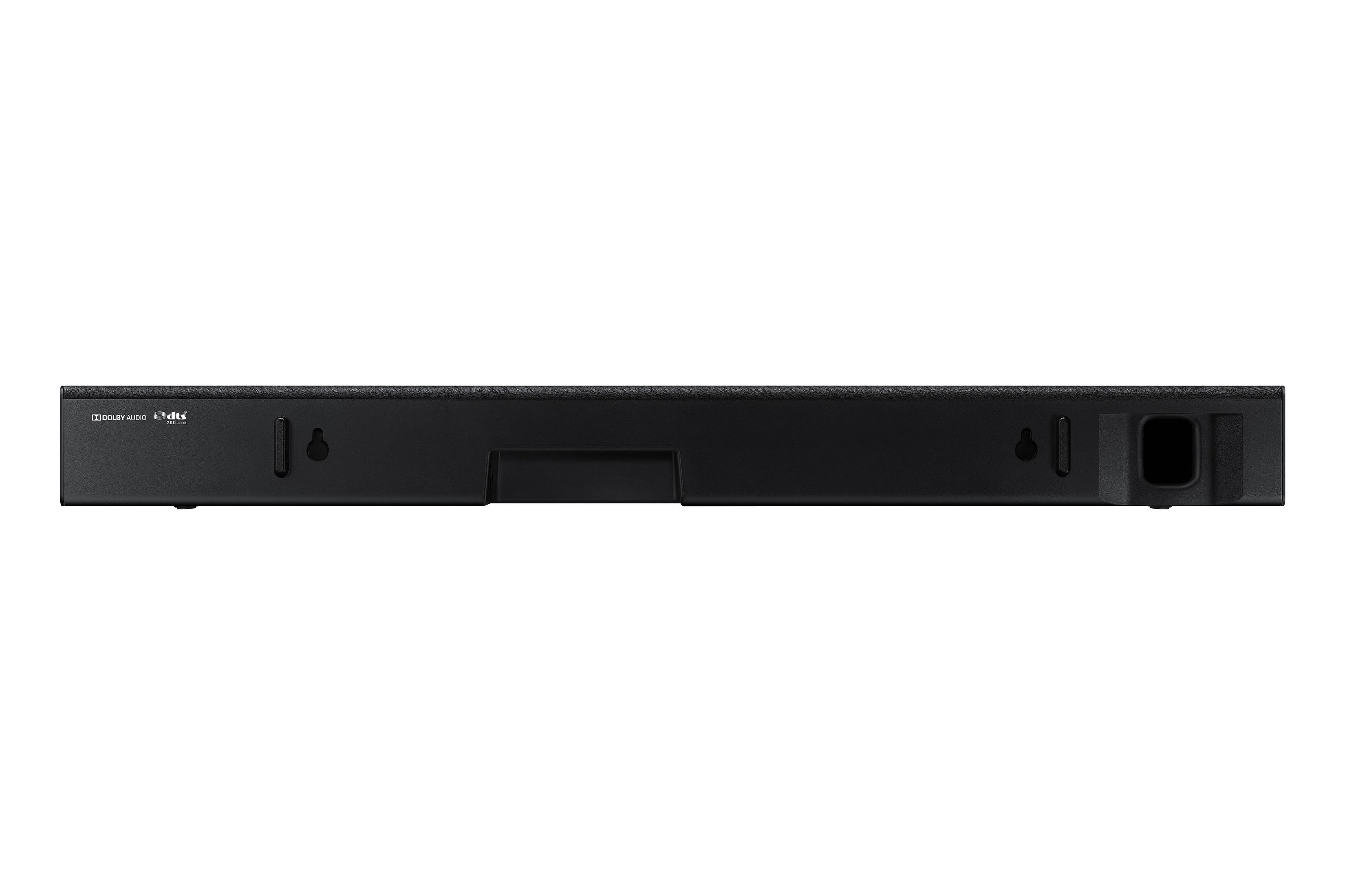 Eine schwarze Soundbar mit Rückansicht auf weißem Hintergrund.