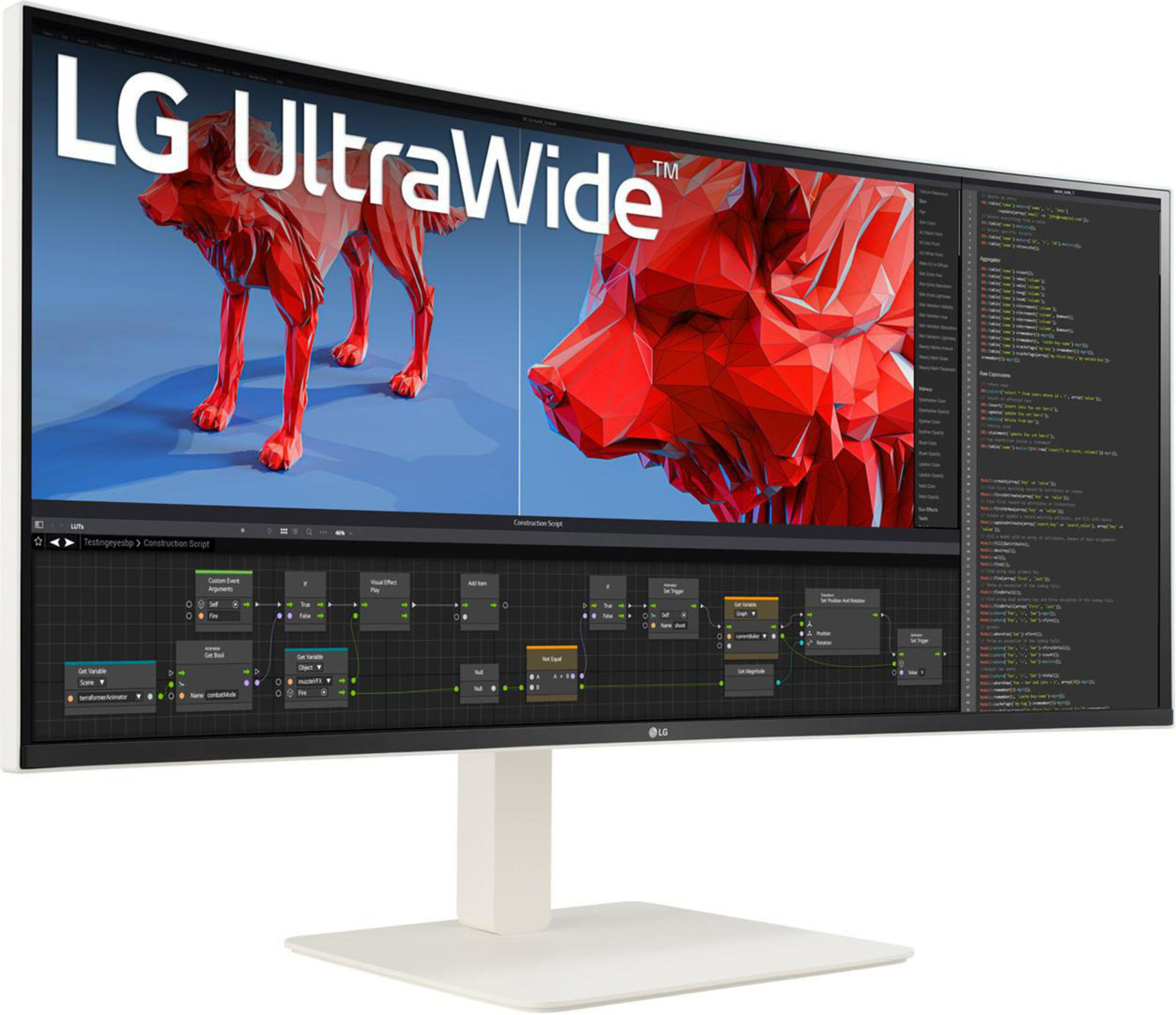 Monitor LG UltraWide wyświetlający model 3D psa i interfejs kodowania.