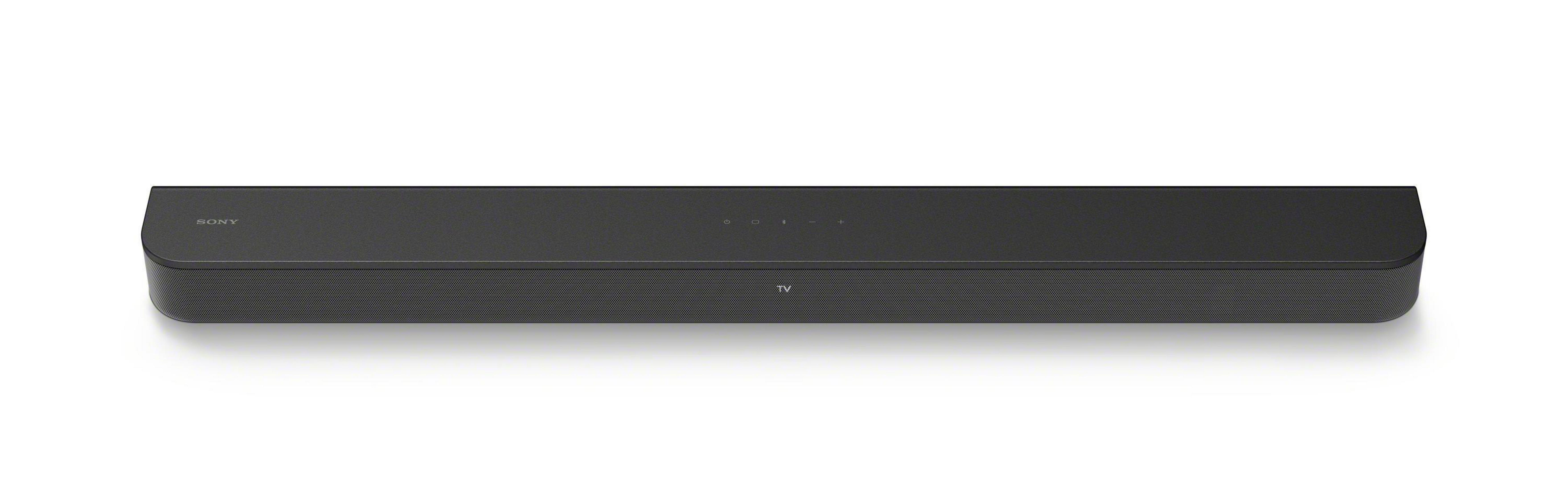 Schwarze Sony Soundbar auf weißem Hintergrund. Das Wort TV steht auf der Leiste.