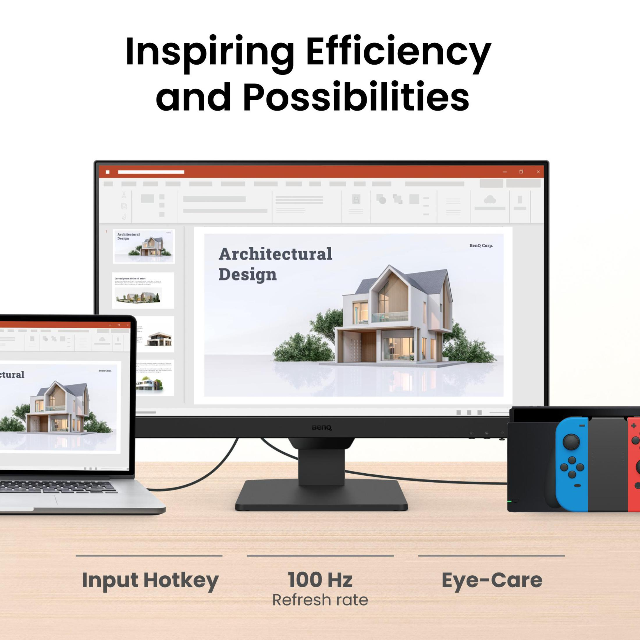 Monitor z projektem architektonicznym, laptop po lewej, kontrolery po prawej. Tekst: Inspirująca efektywność i możliwości.