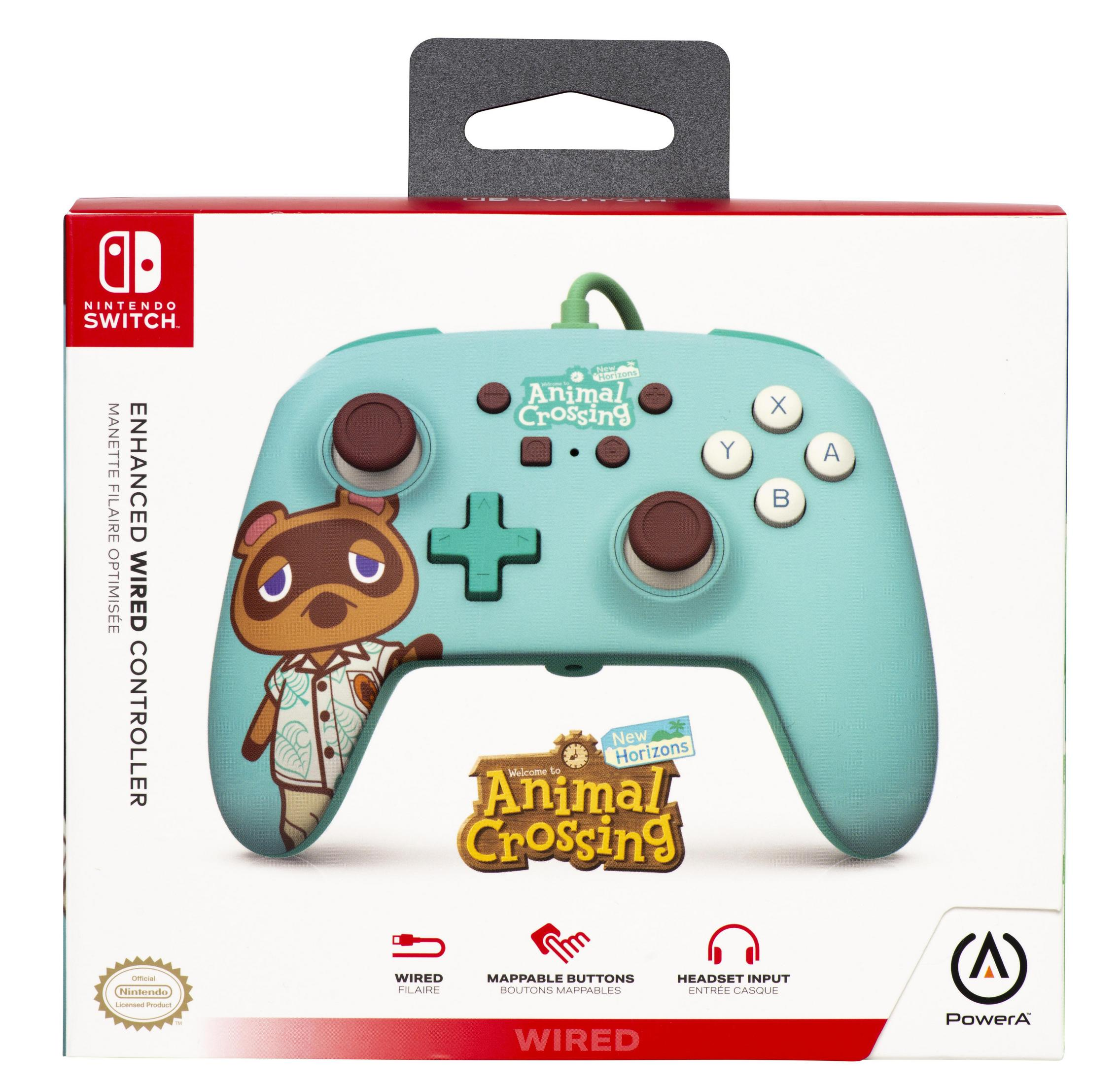 Turkusowy kontroler Animal Crossing z postacią Toma Nooka i logo gry.