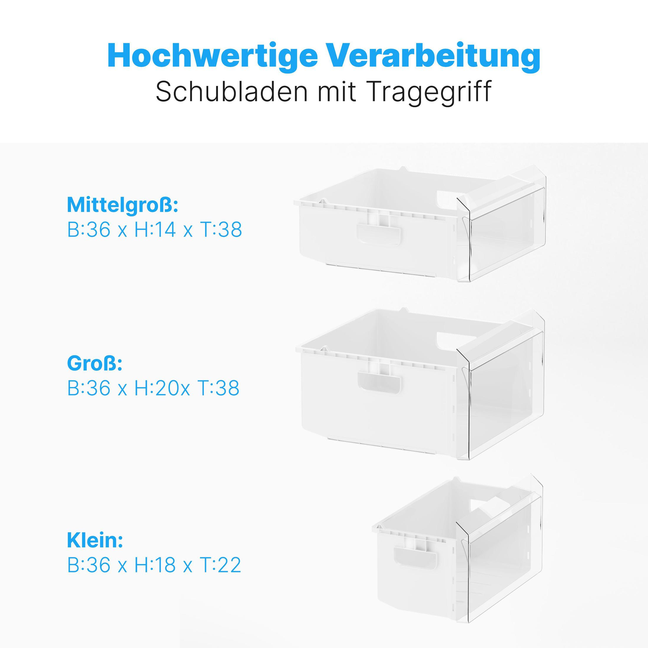Weiße Aufbewahrungsschubladen in verschiedenen Größen. Das Etikett zeigt Abmessungen für klein, mittel und groß.