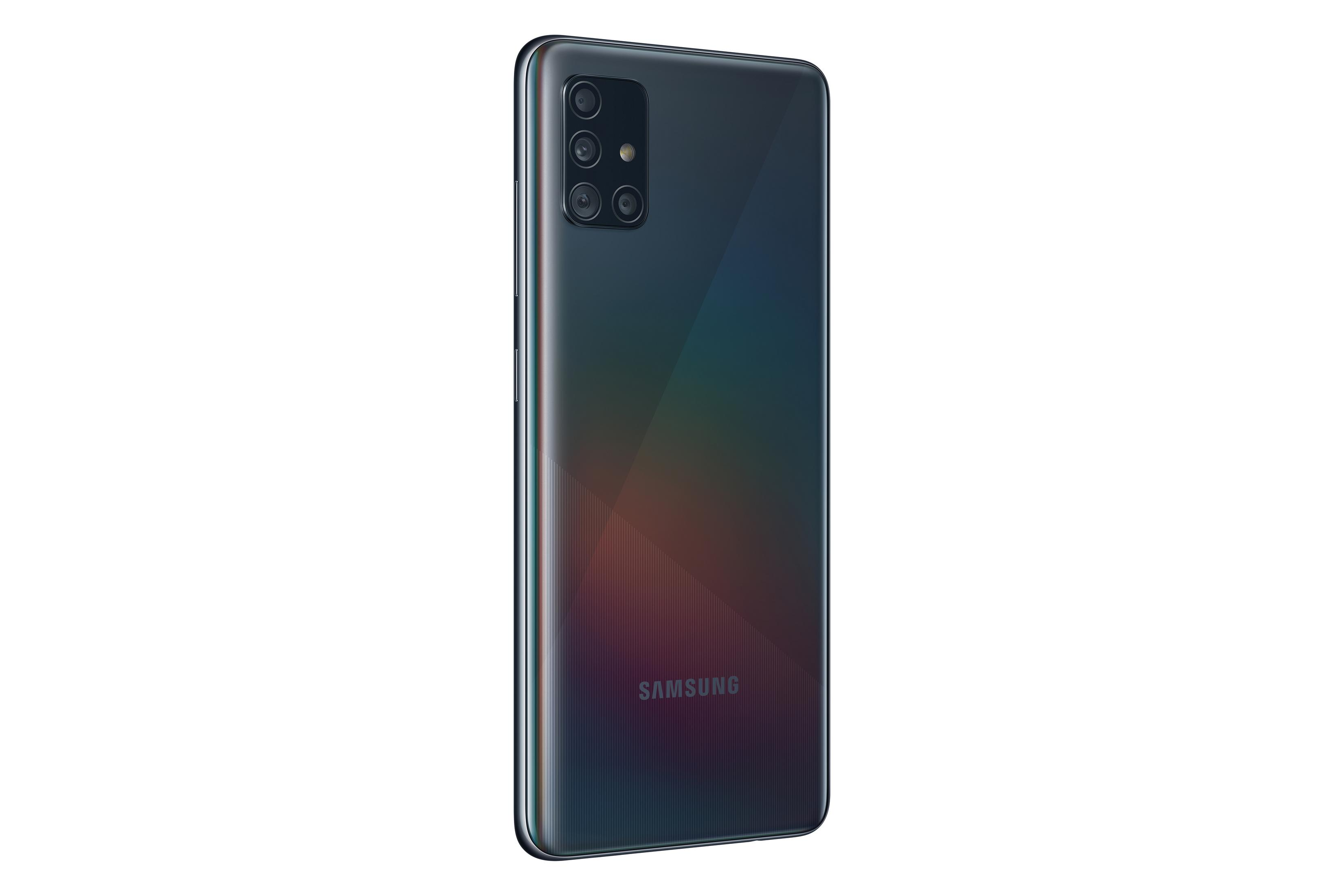 Czarny telefon Samsung. Tył ma wiele aparatów i logo Samsung.