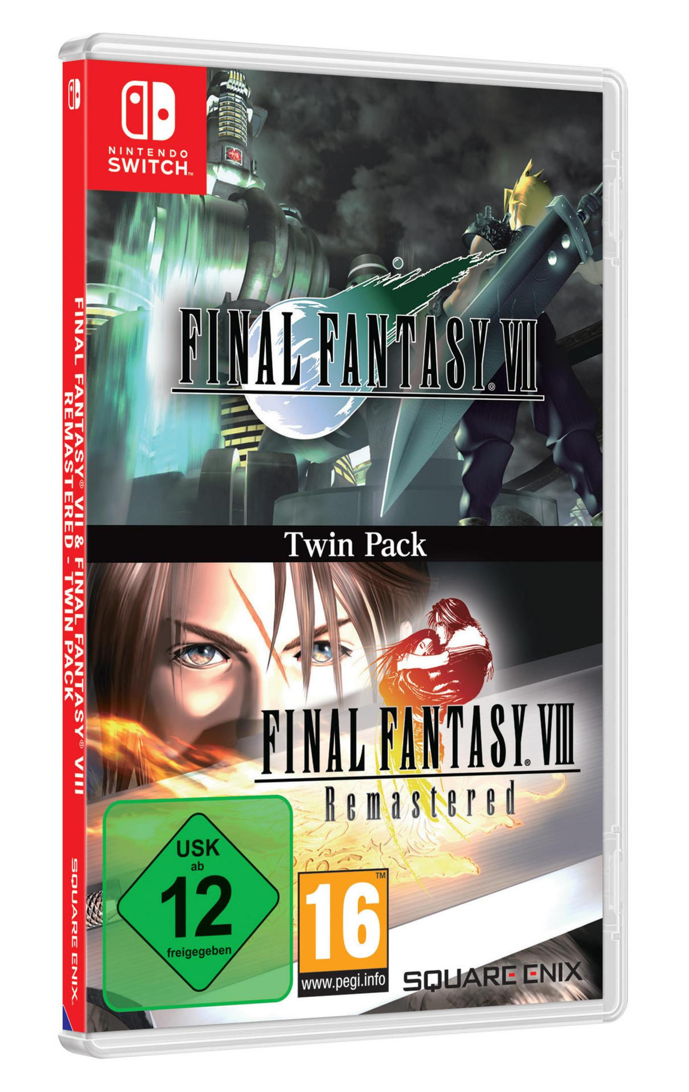 Ein Nintendo Switch Spielcase mit Final Fantasy VII & VIII Remastered, mit rotem Rücken.