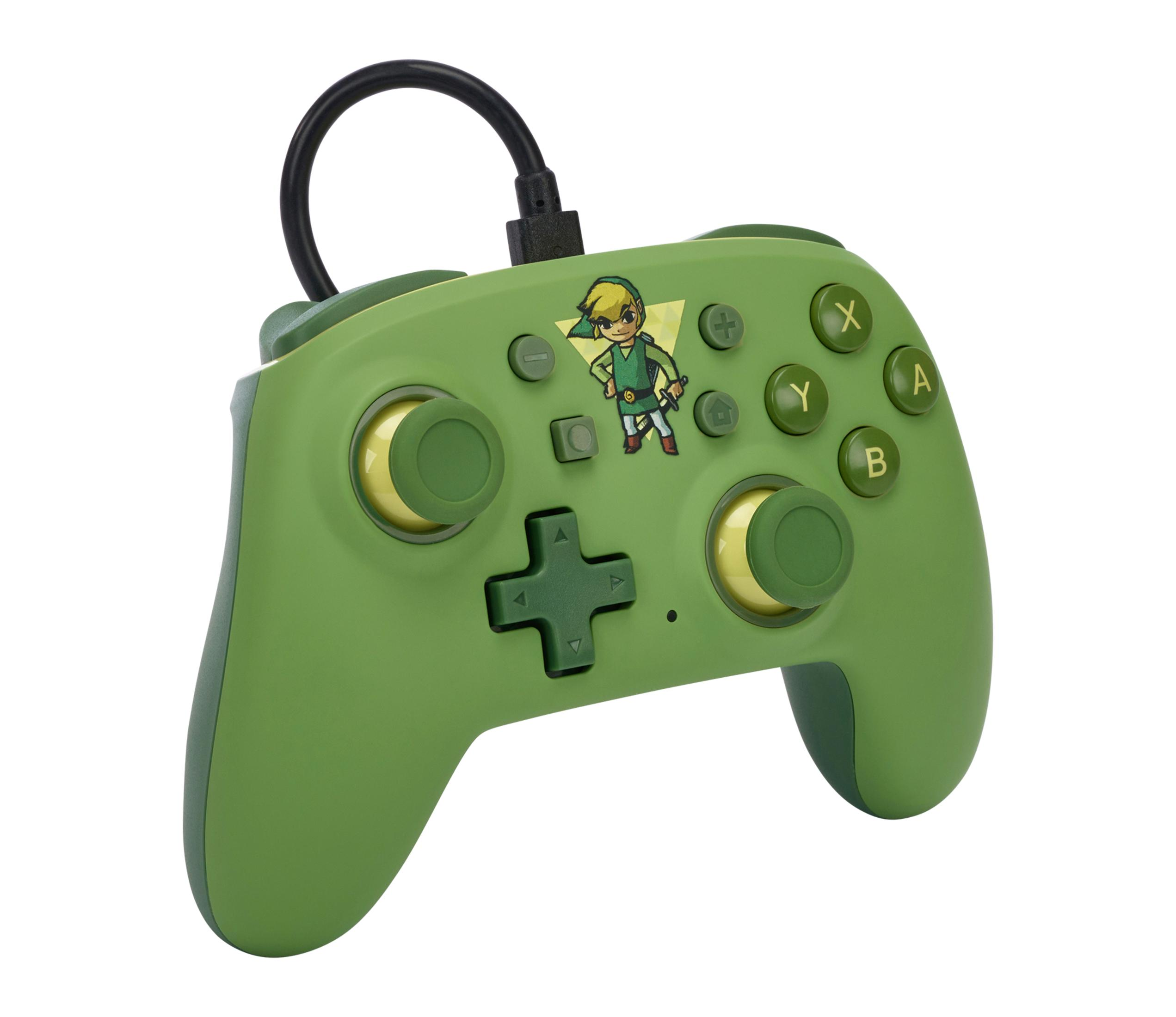 Zielony kontroler Nintendo Switch z Linkiem z Zeldy, podłączony czarny kabel.