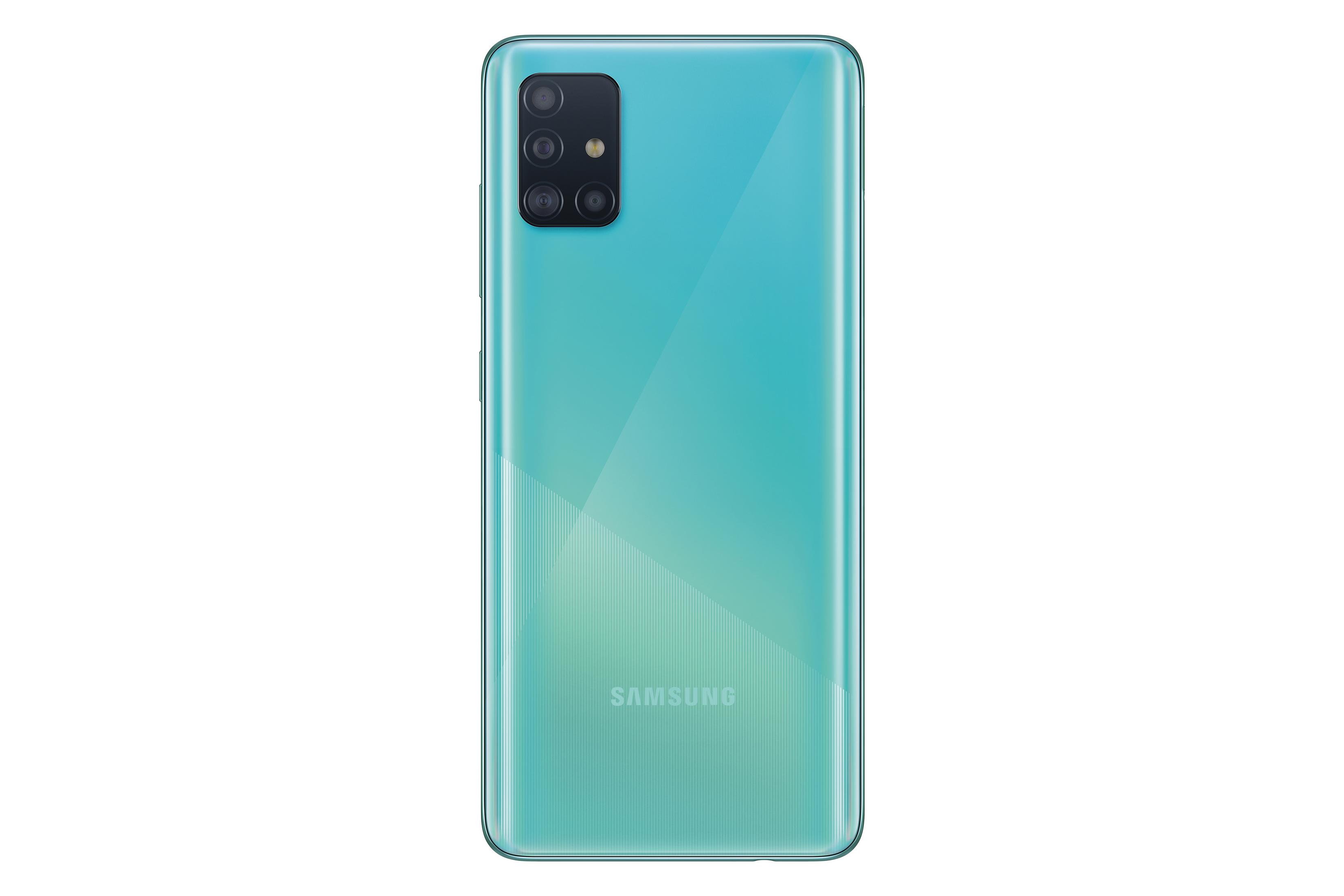 Turkusowy telefon Samsung z wieloma tylnymi aparatami. Logo Samsung jest widoczne na dole telefonu.