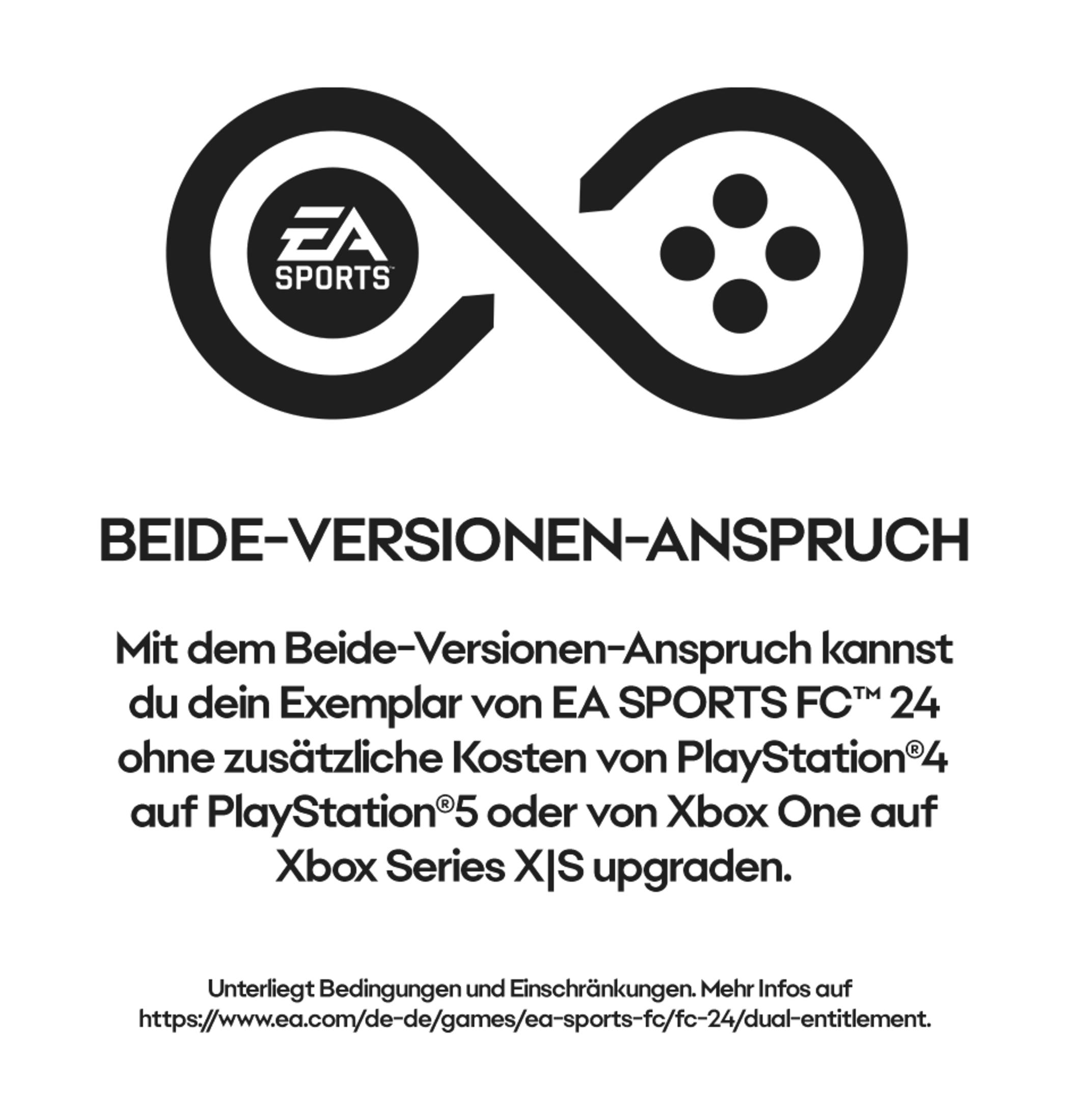 Logo EA Sports nad tekstem o uaktualnianiu EA SPORTS FC 24 do PlayStation 5 lub Xbox.
