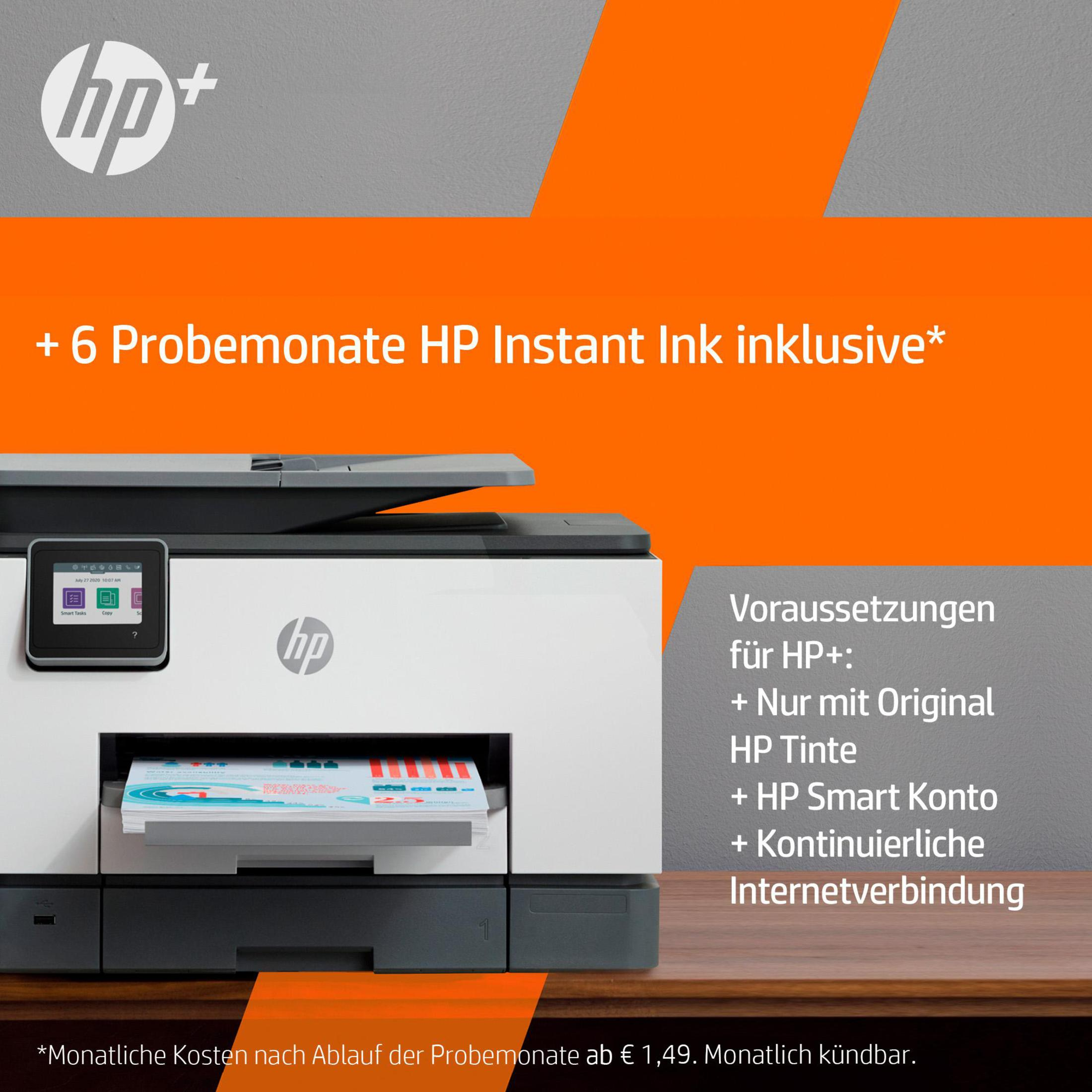 Biało-szara drukarka HP. Tekst: +6 miesięcy HP Instant Ink w zestawie. Wymagania dla HP++.