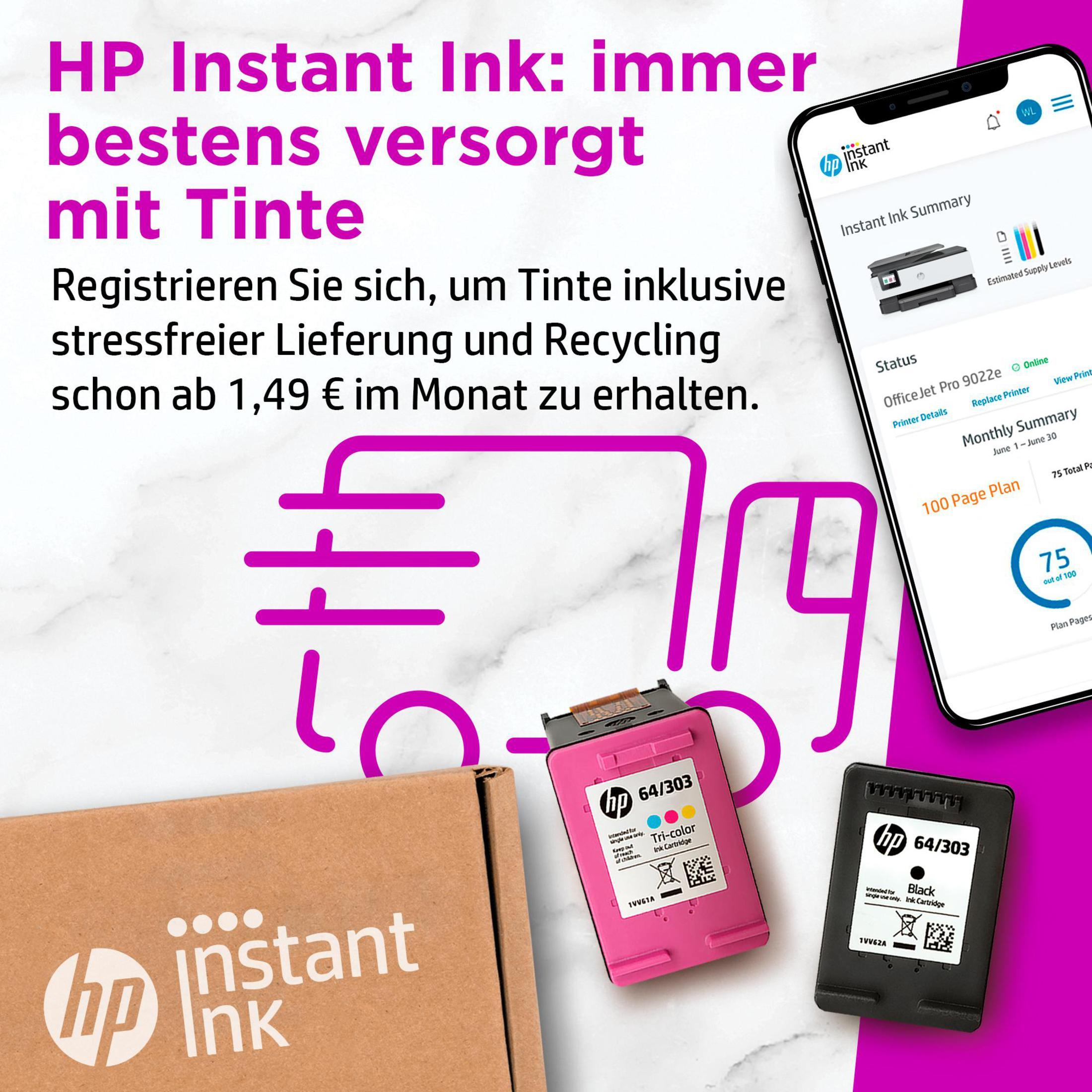 Reklama HP Instant Ink z drukarką, wkładami atramentowymi i smartfonem pokazującym podsumowanie atramentu.