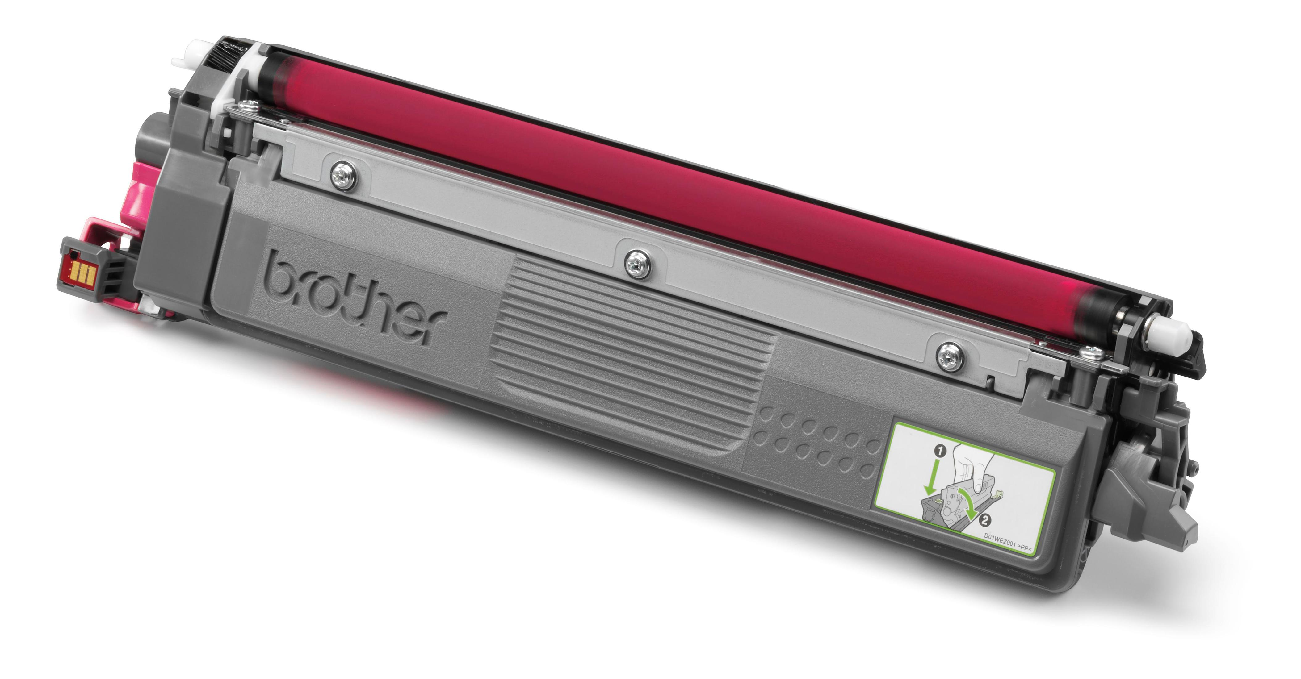 Brother toner cartridge, gray and magenta. White background.