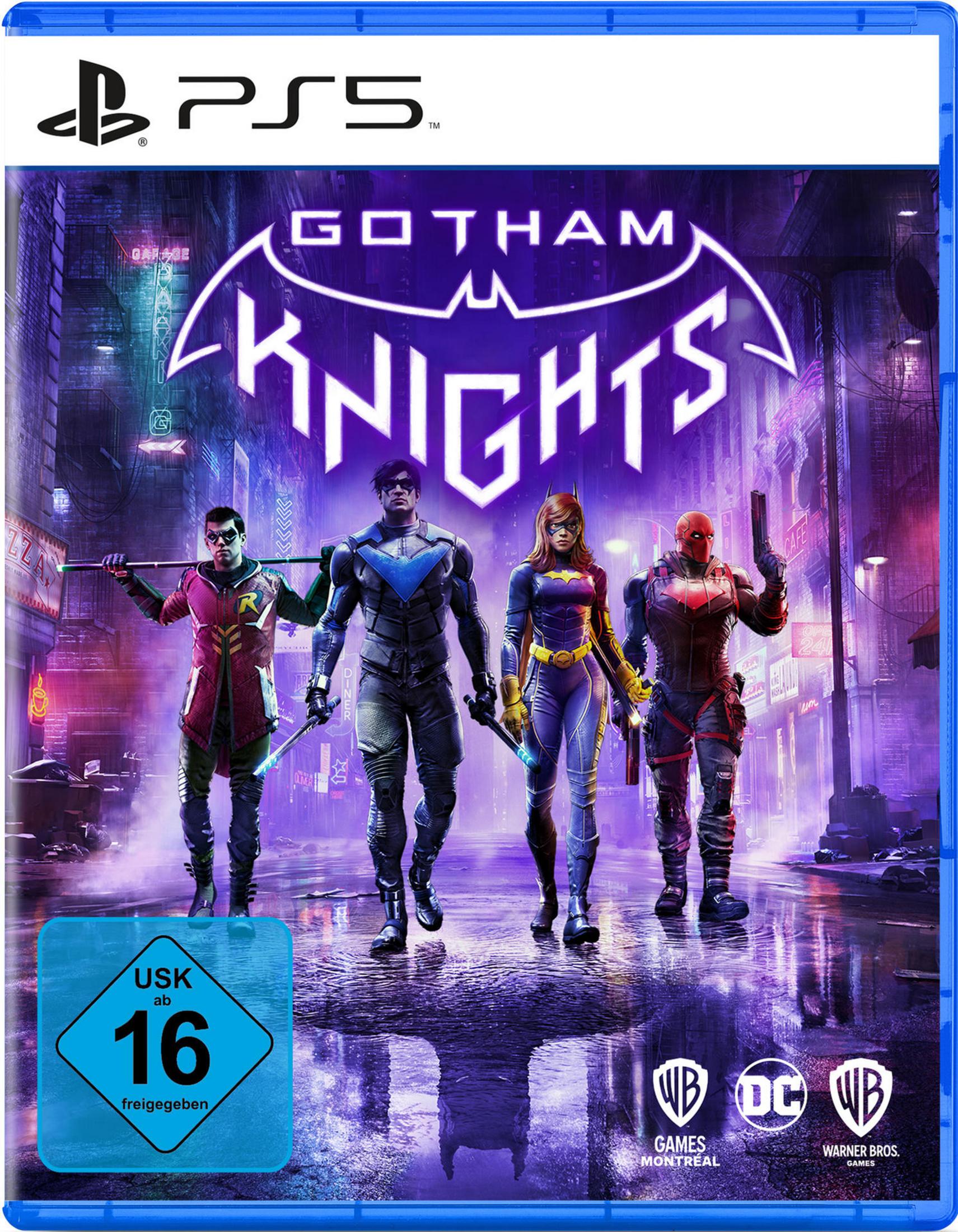 Gotham Knights Spielhülle für PS5. Vier Charaktere gehen in einer Stadt bei Nacht.